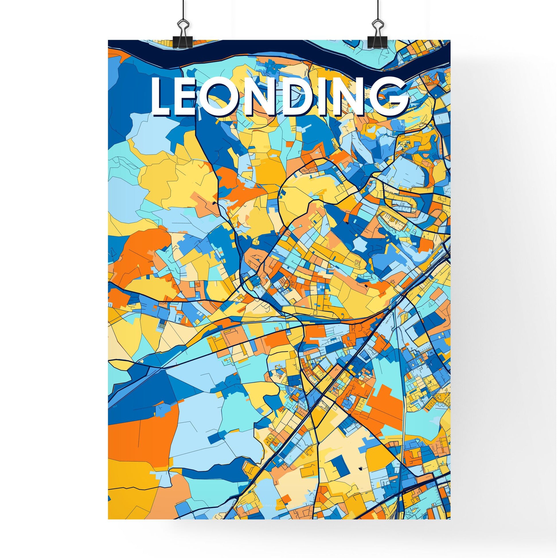 LEONDING AUSTRIA Vibrant Colorful Art Map Poster Blue Orange