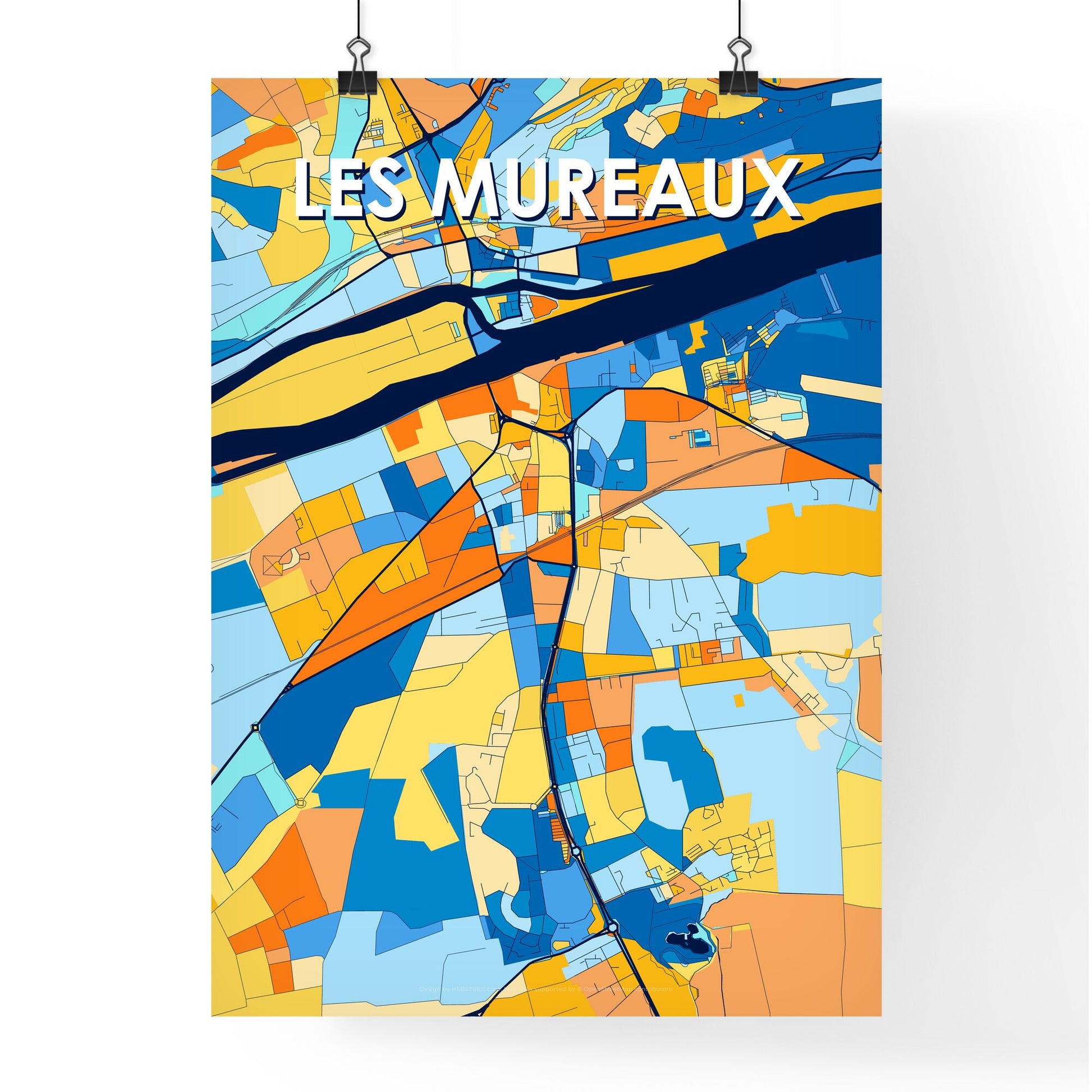 LES MUREAUX FRANCE Vibrant Colorful Art Map Poster Blue Orange