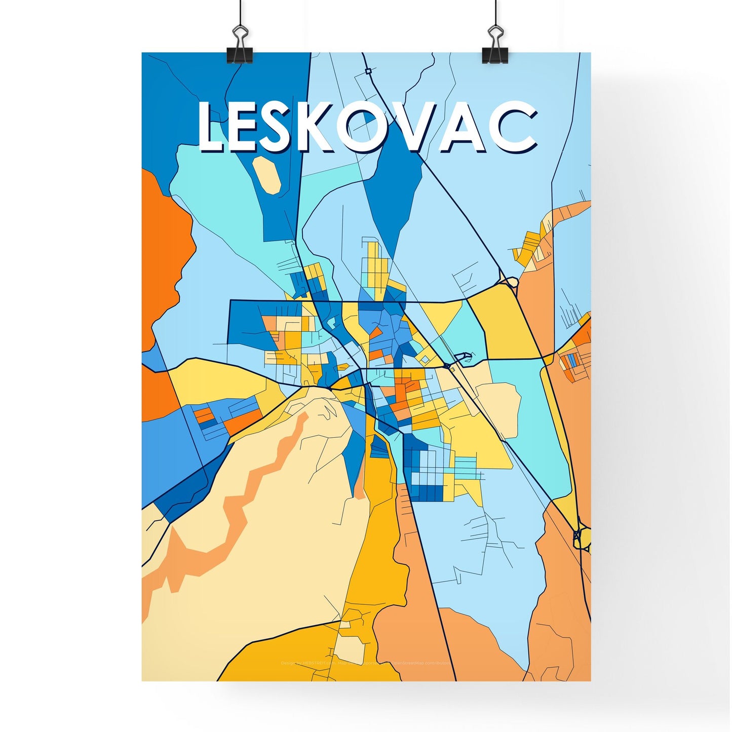 LESKOVAC SERBIA Vibrant Colorful Art Map Poster Blue Orange