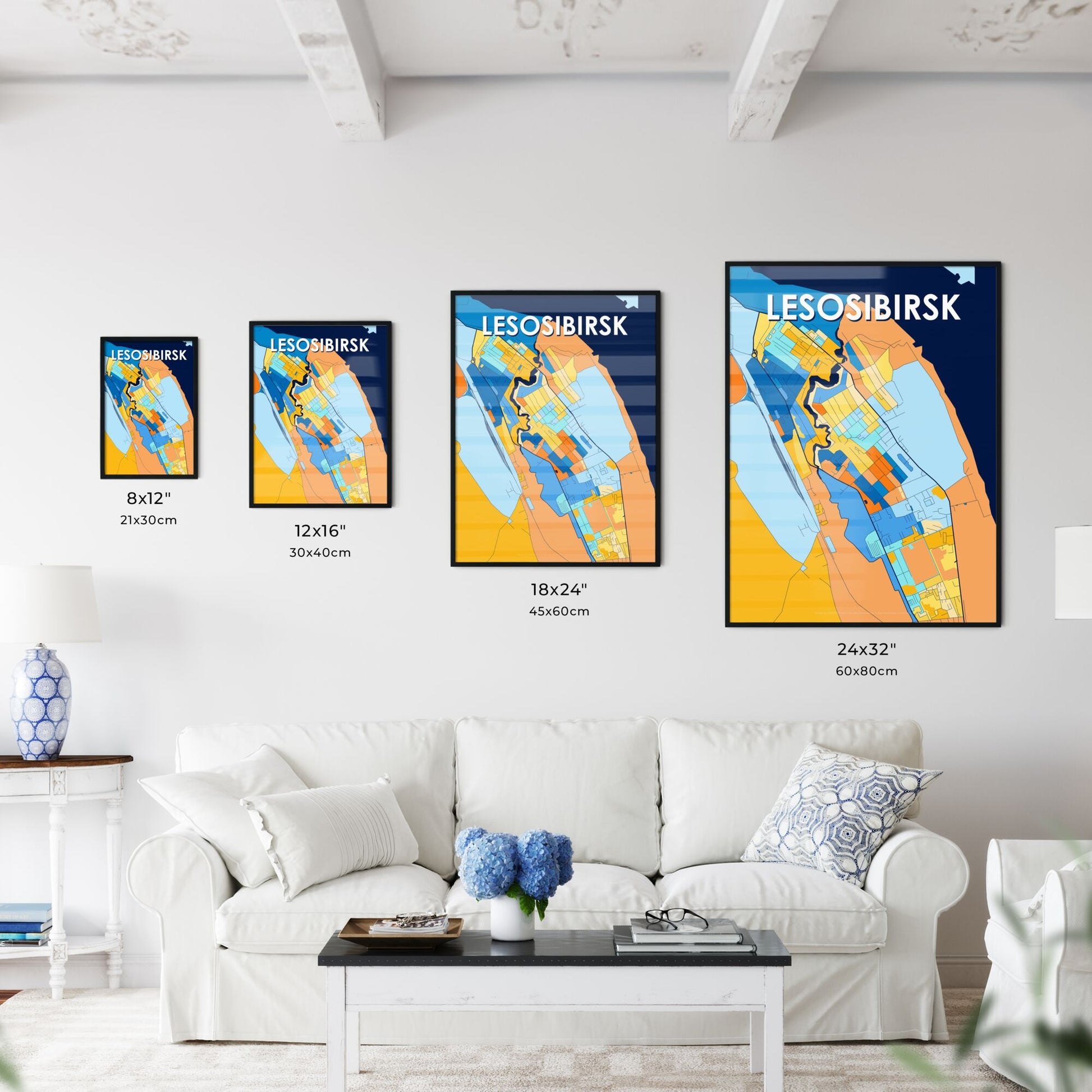 LESOSIBIRSK RUSSIA Vibrant Colorful Art Map Poster Blue Orange