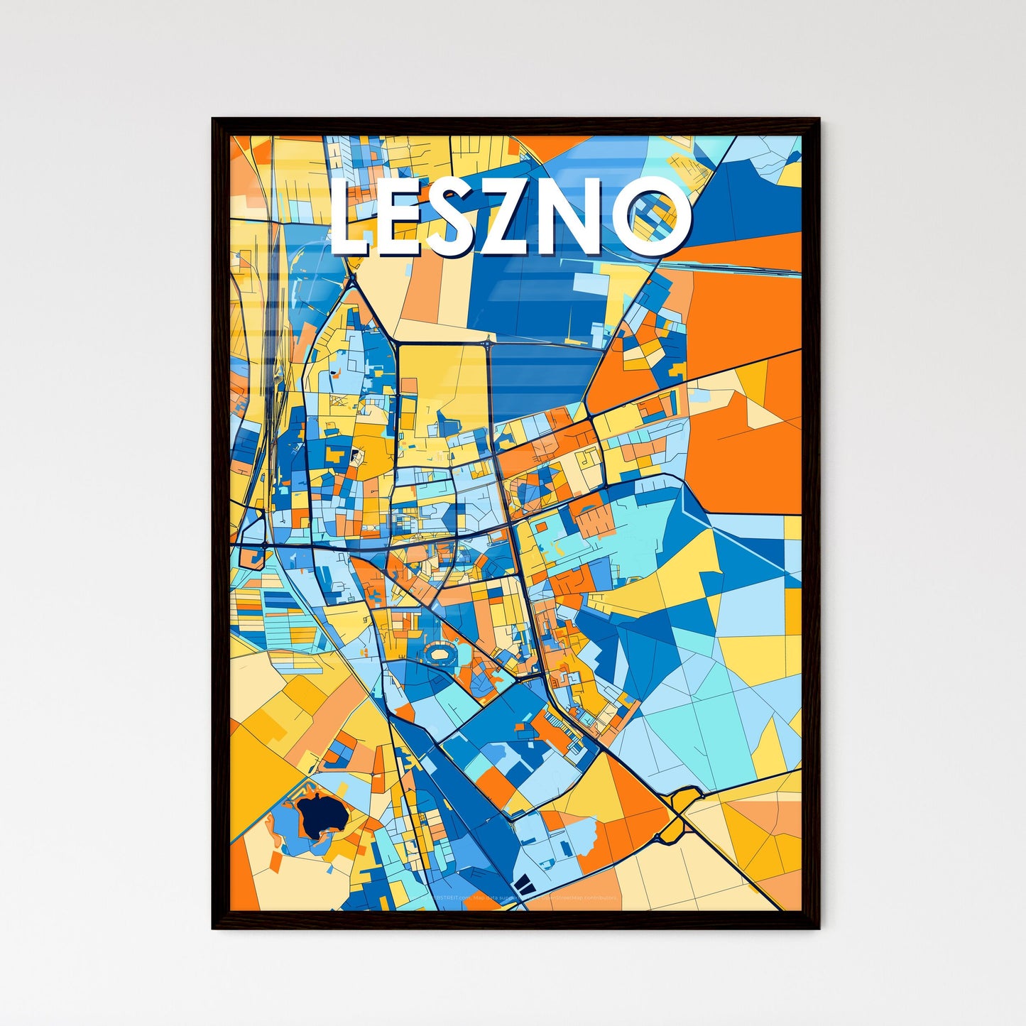 LESZNO POLAND Vibrant Colorful Art Map Poster Blue Orange