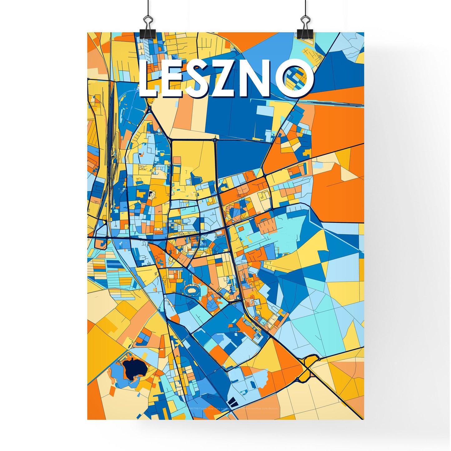 LESZNO POLAND Vibrant Colorful Art Map Poster Blue Orange