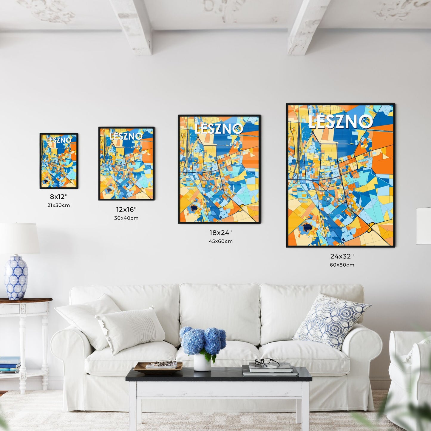 LESZNO POLAND Vibrant Colorful Art Map Poster Blue Orange