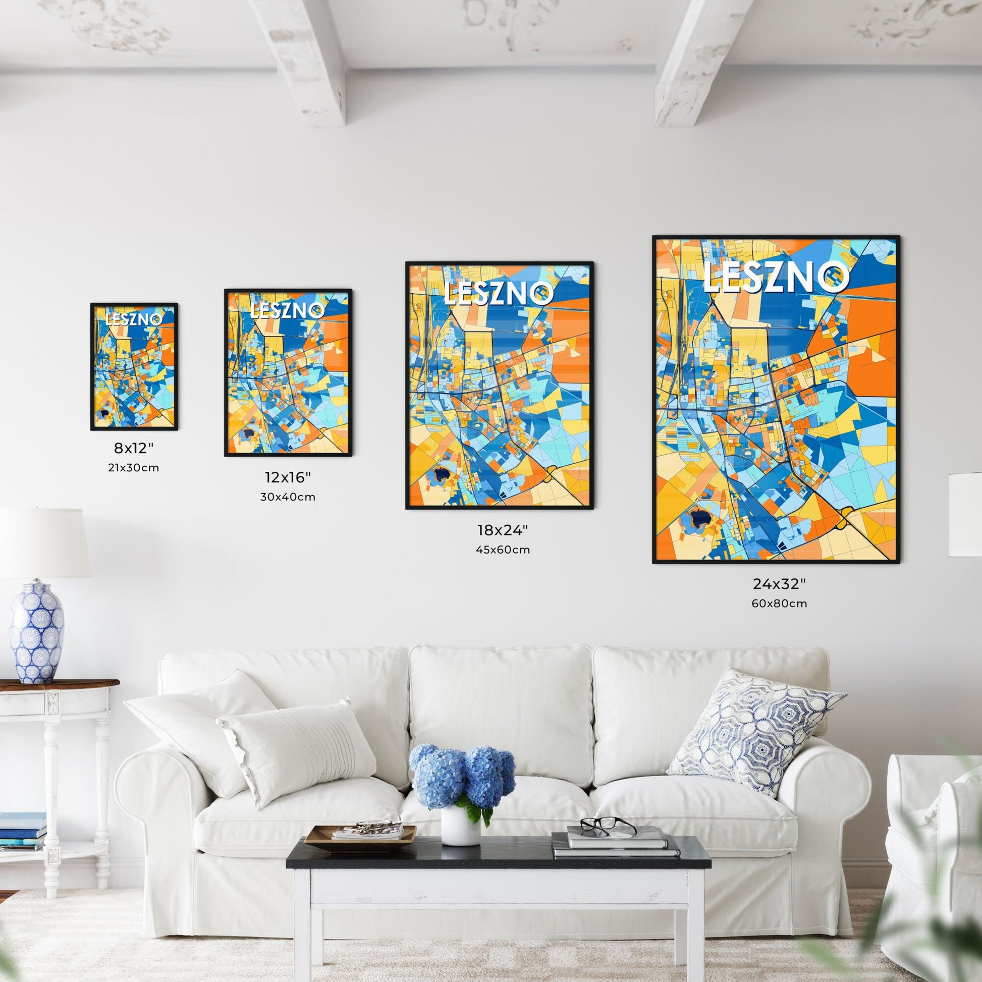 LESZNO POLAND Vibrant Colorful Art Map Poster Blue Orange