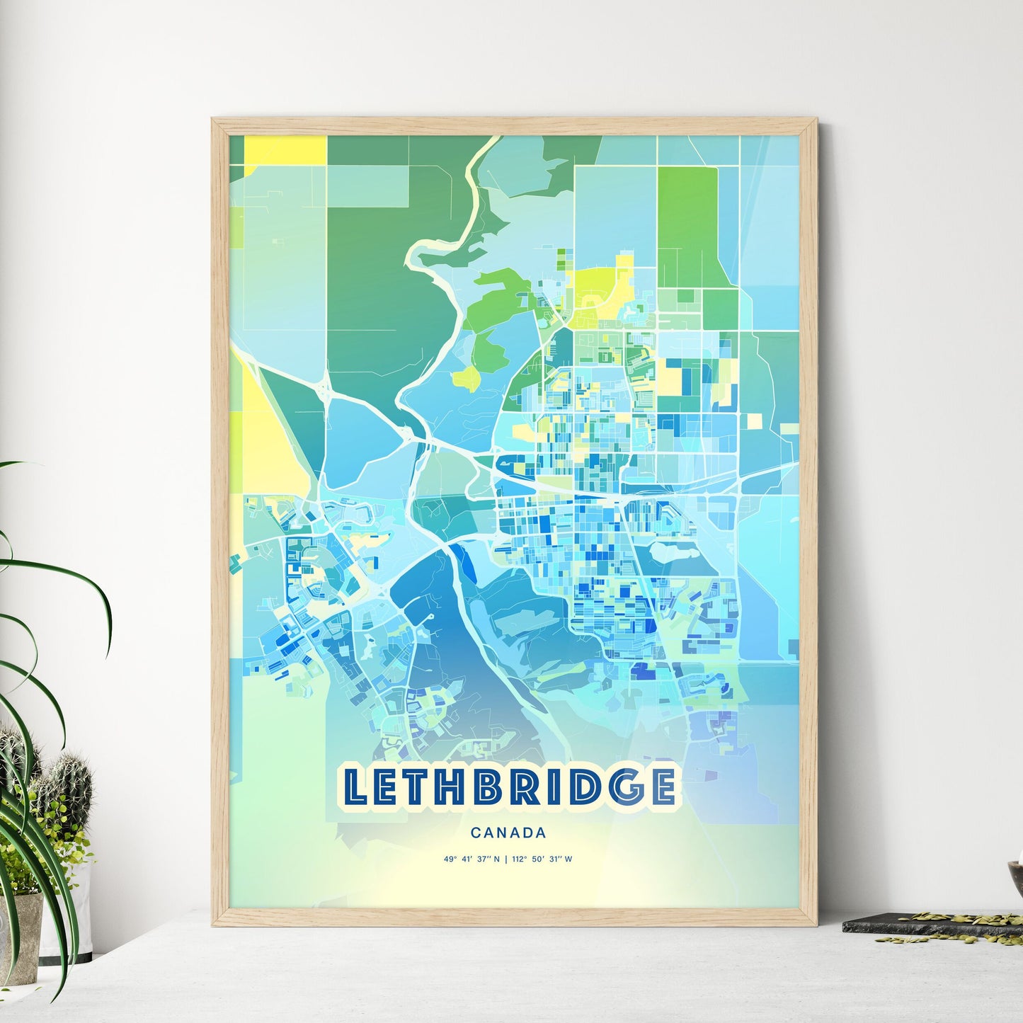 Colorful Lethbridge Canada Fine Art Map Cool Blue