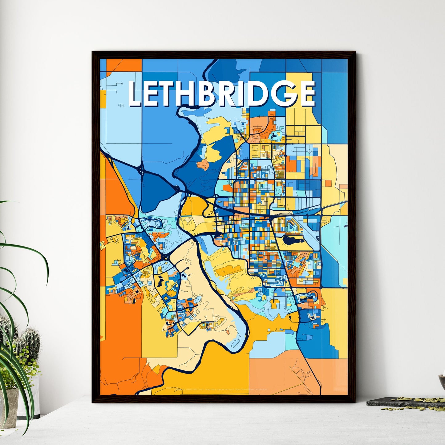 LETHBRIDGE CANADA Vibrant Colorful Art Map Poster Blue Orange