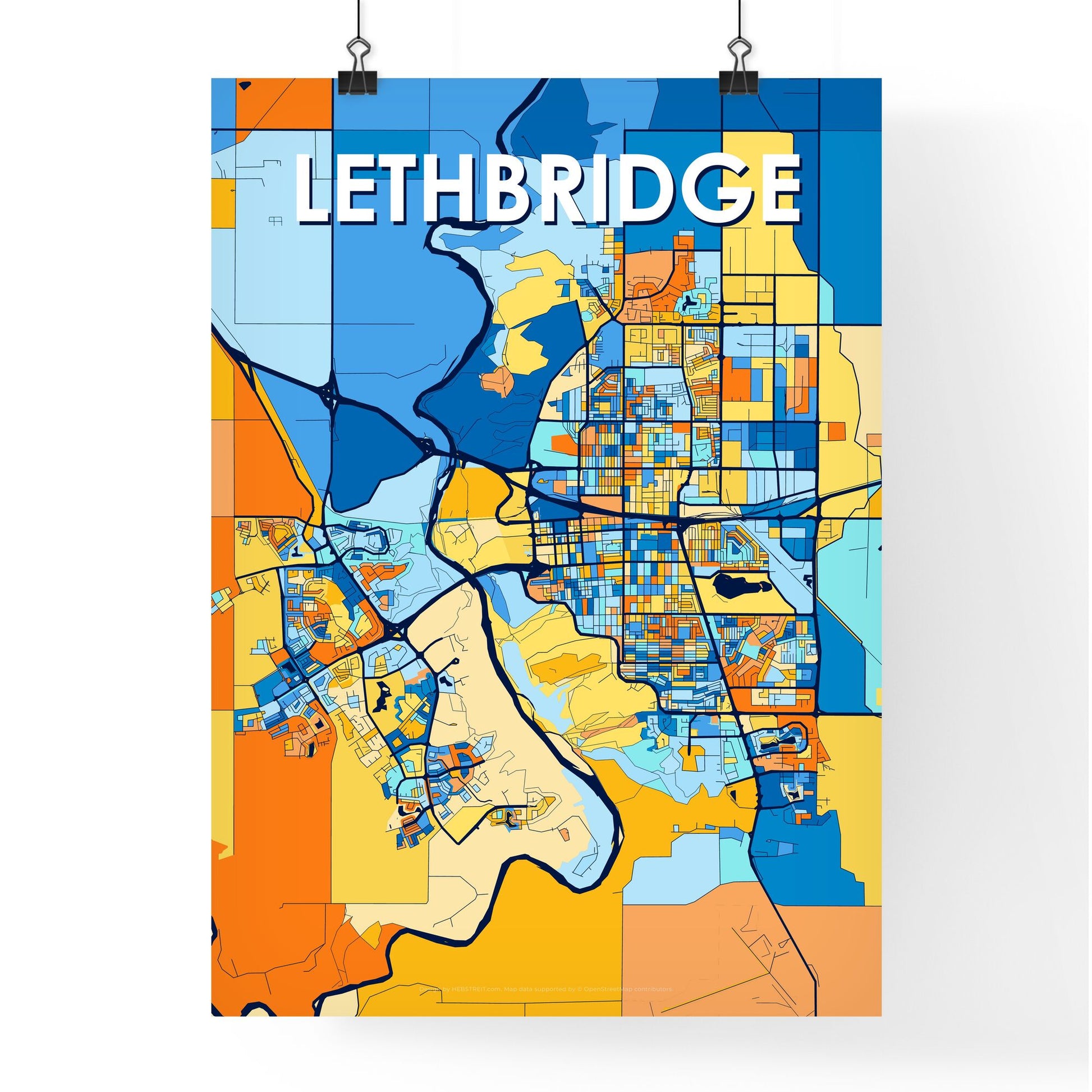 LETHBRIDGE CANADA Vibrant Colorful Art Map Poster Blue Orange