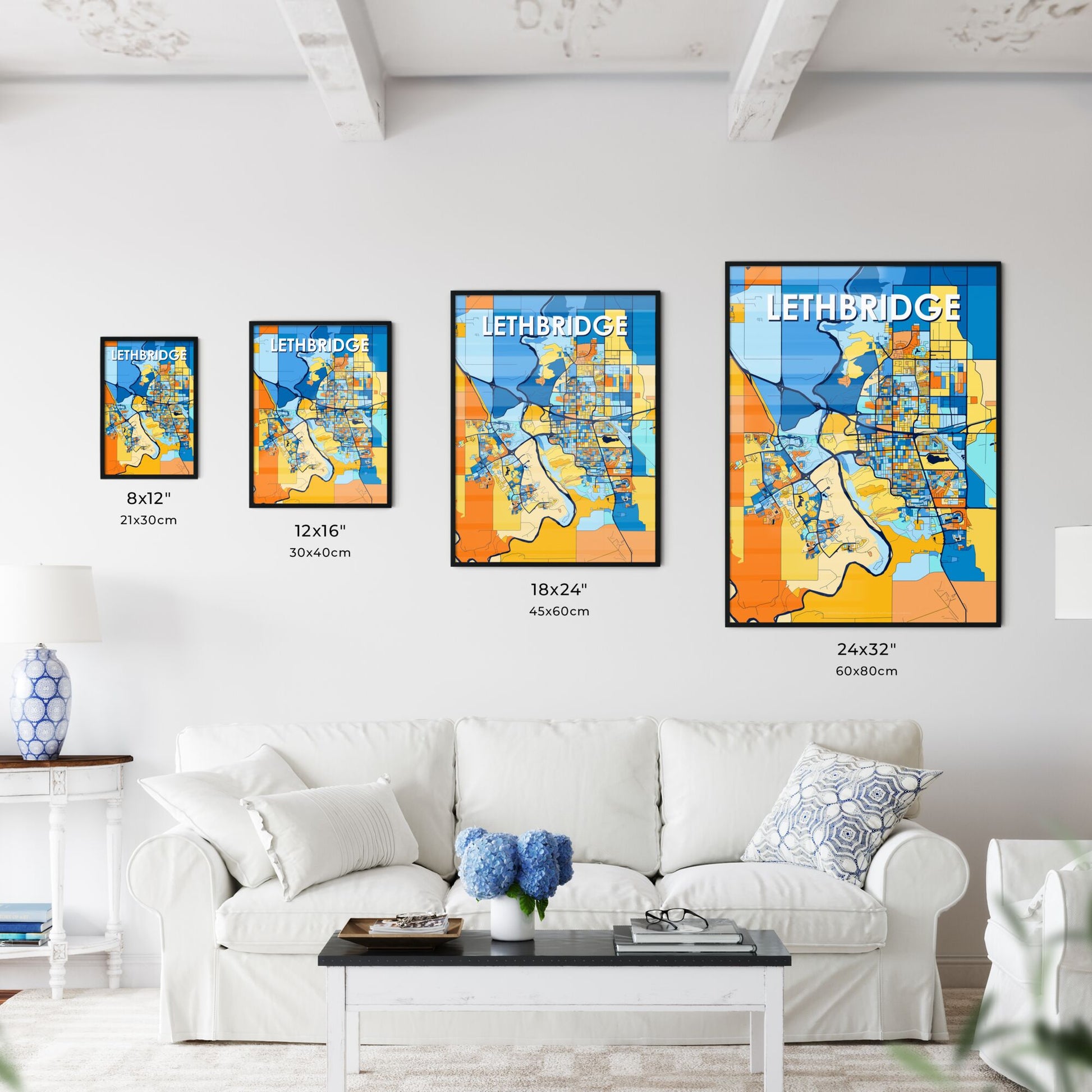 LETHBRIDGE CANADA Vibrant Colorful Art Map Poster Blue Orange