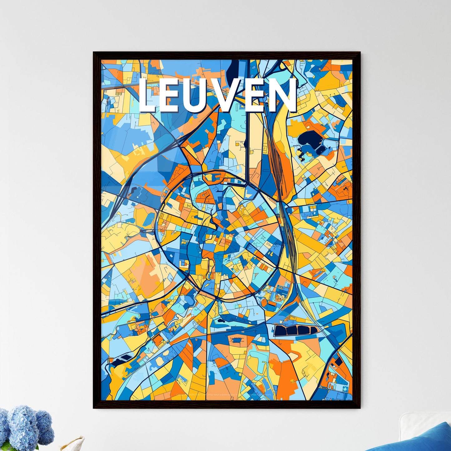 LEUVEN BELGIUM Vibrant Colorful Art Map Poster Blue Orange