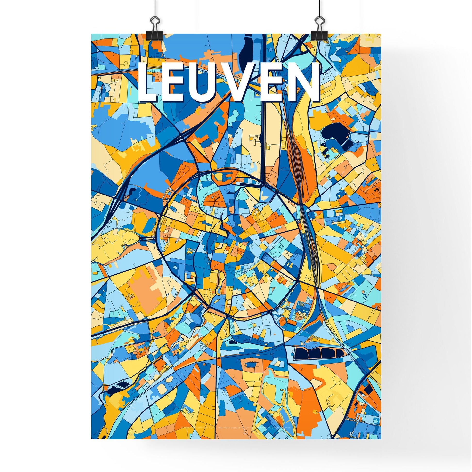 LEUVEN BELGIUM Vibrant Colorful Art Map Poster Blue Orange