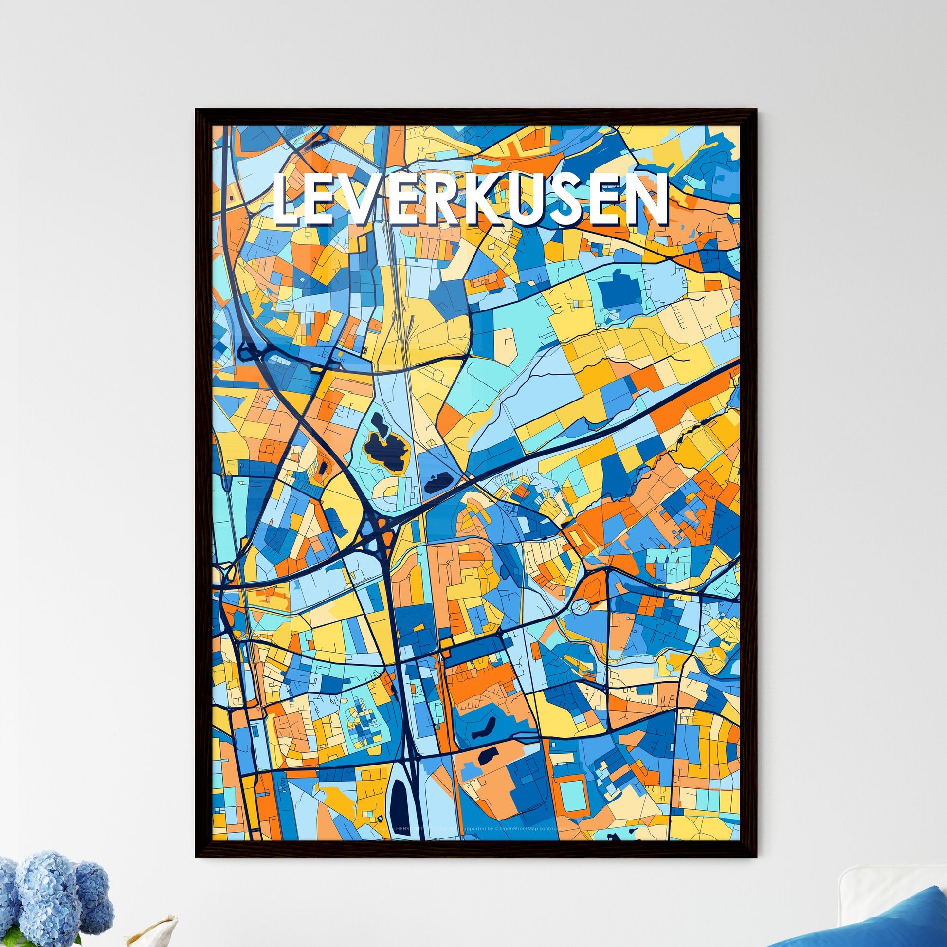 LEVERKUSEN GERMANY Vibrant Colorful Art Map Poster Blue Orange