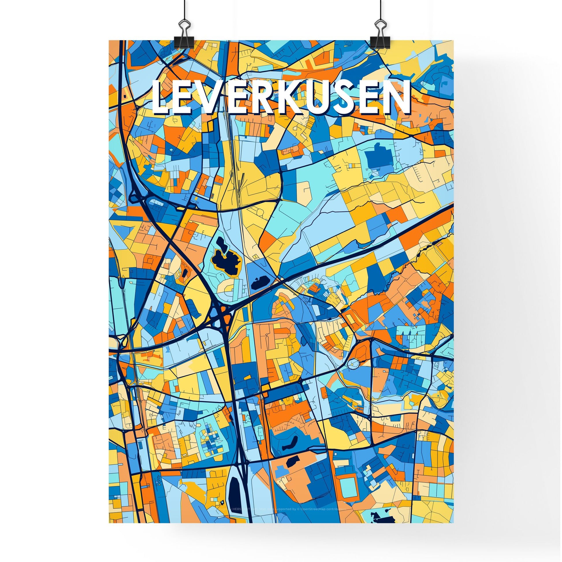 LEVERKUSEN GERMANY Vibrant Colorful Art Map Poster Blue Orange