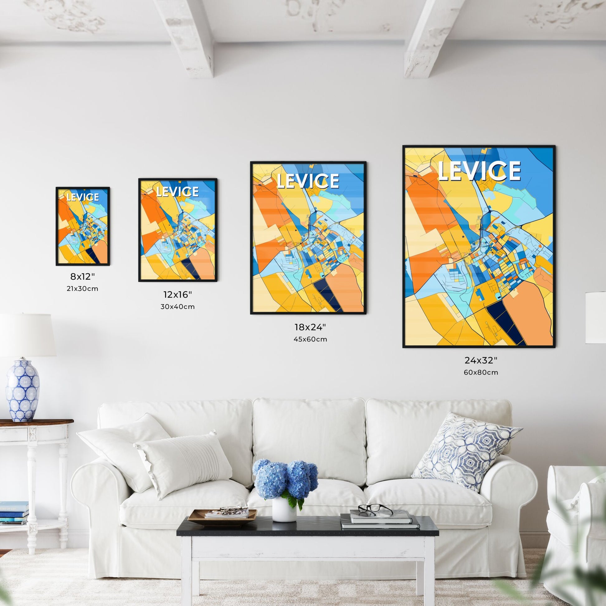 LEVICE SLOVAKIA Vibrant Colorful Art Map Poster Blue Orange