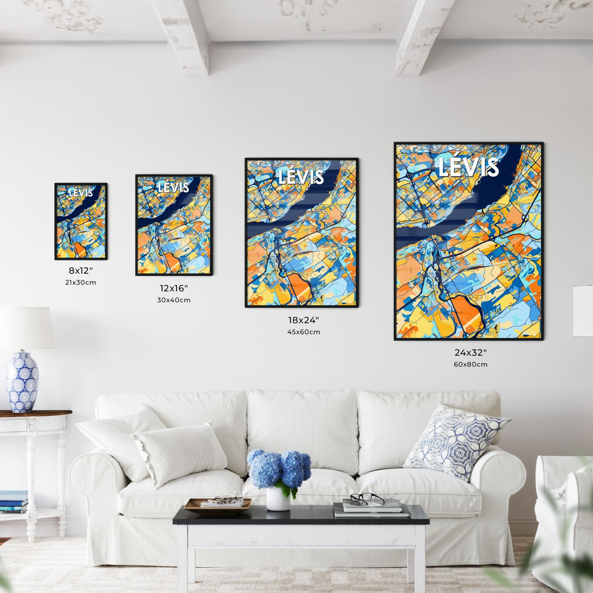 LÉVIS CANADA Vibrant Colorful Art Map Poster Blue Orange