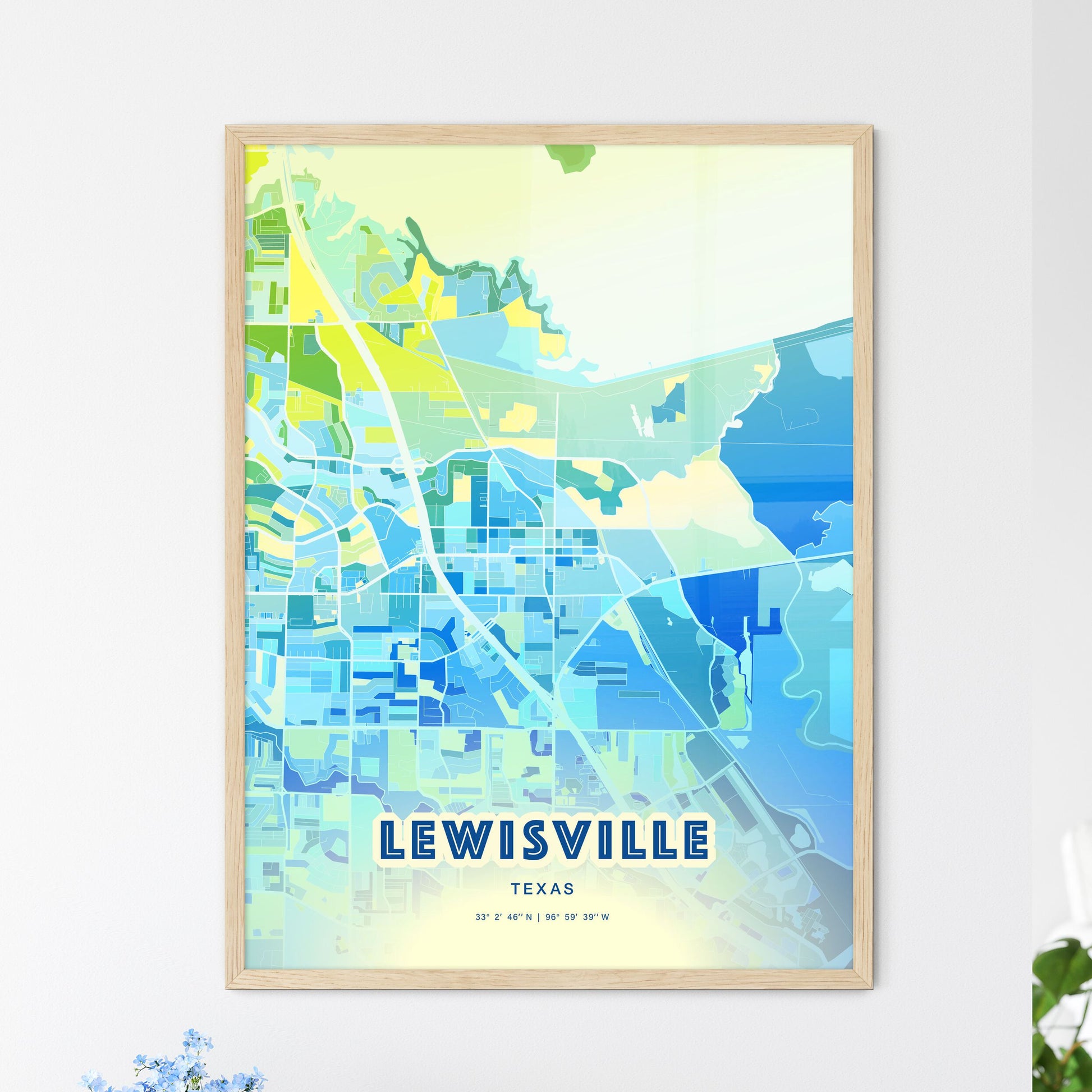 Colorful Lewisville Texas Fine Art Map Cool Blue