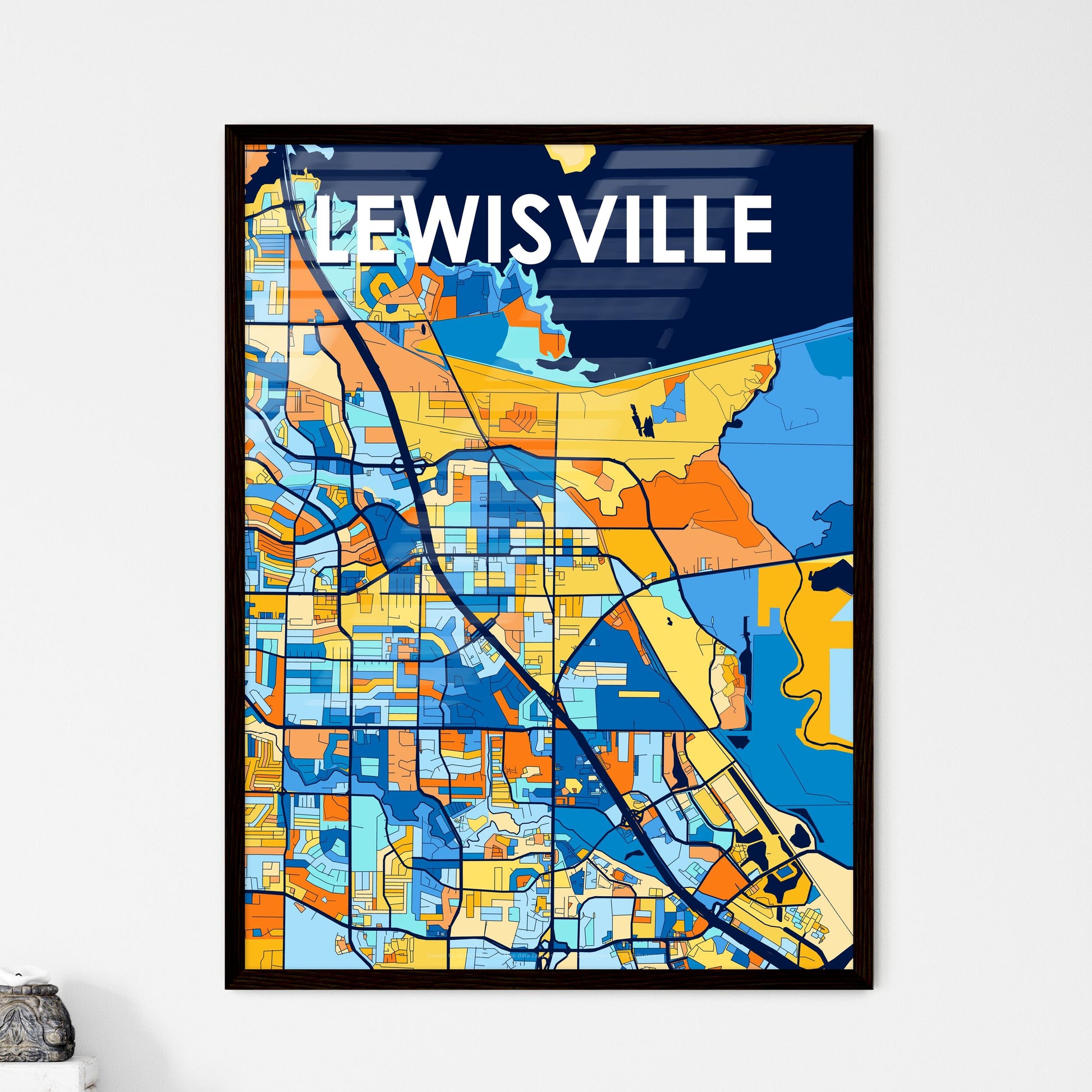 LEWISVILLE TEXAS Vibrant Colorful Art Map Poster Blue Orange