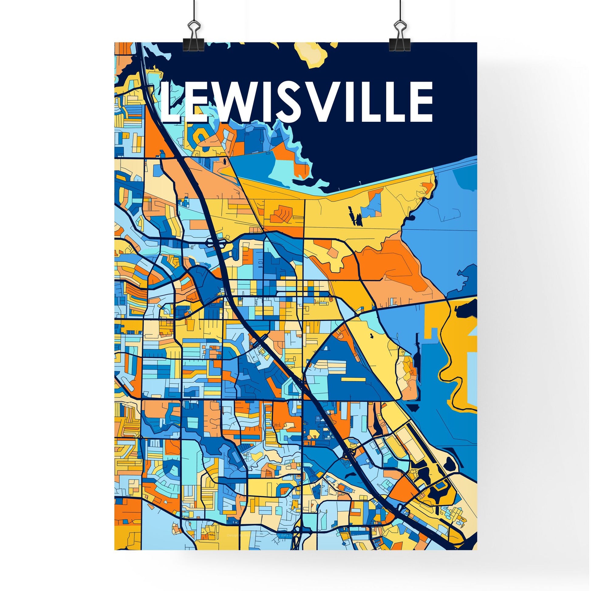 LEWISVILLE TEXAS Vibrant Colorful Art Map Poster Blue Orange