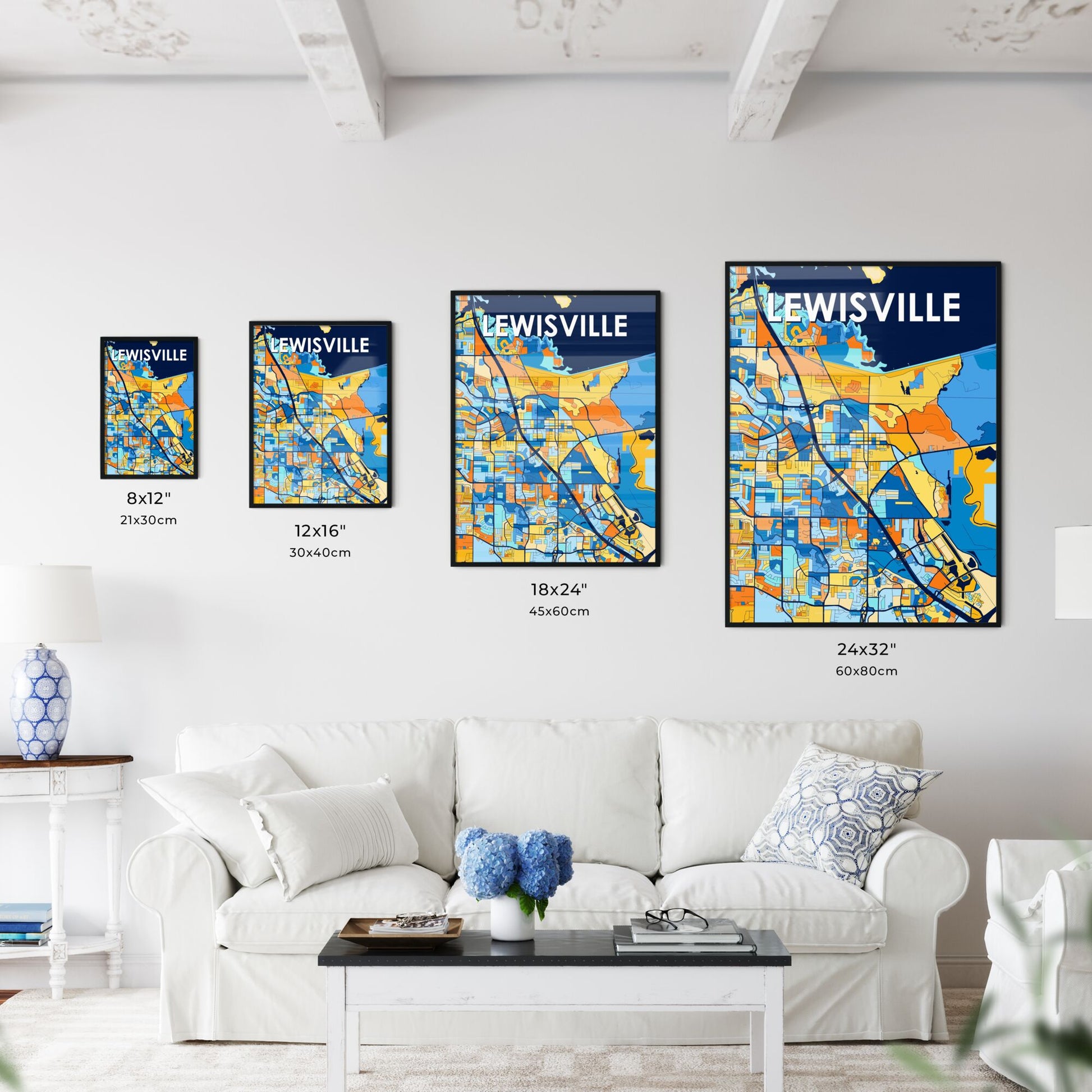 LEWISVILLE TEXAS Vibrant Colorful Art Map Poster Blue Orange