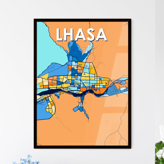 LHASA CHINA Vibrant Colorful Art Map Poster Blue Orange