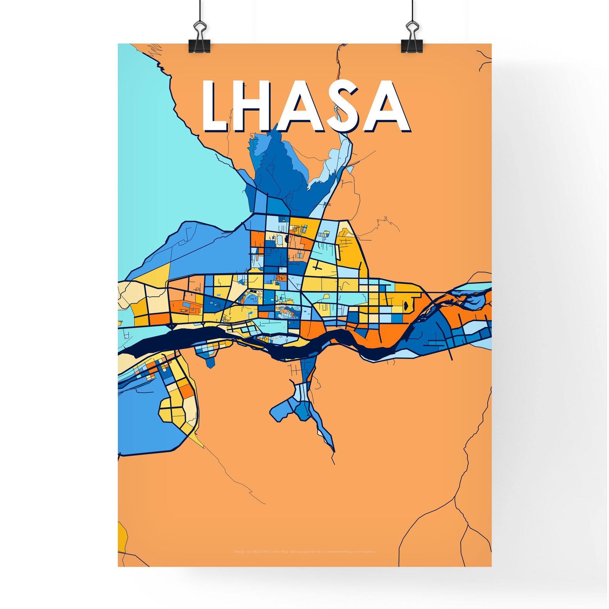 LHASA CHINA Vibrant Colorful Art Map Poster Blue Orange