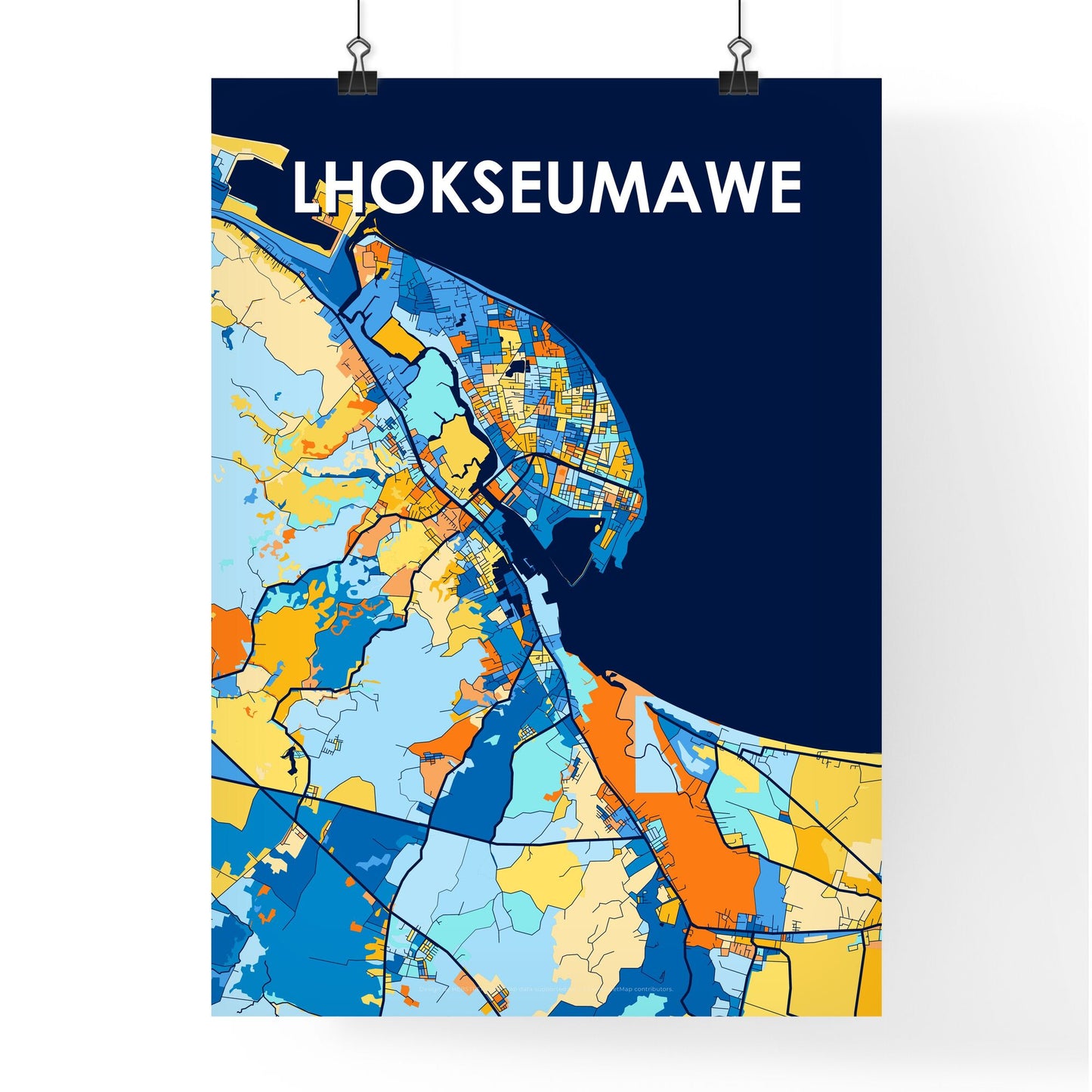 LHOKSEUMAWE INDONESIA Vibrant Colorful Art Map Poster Blue Orange