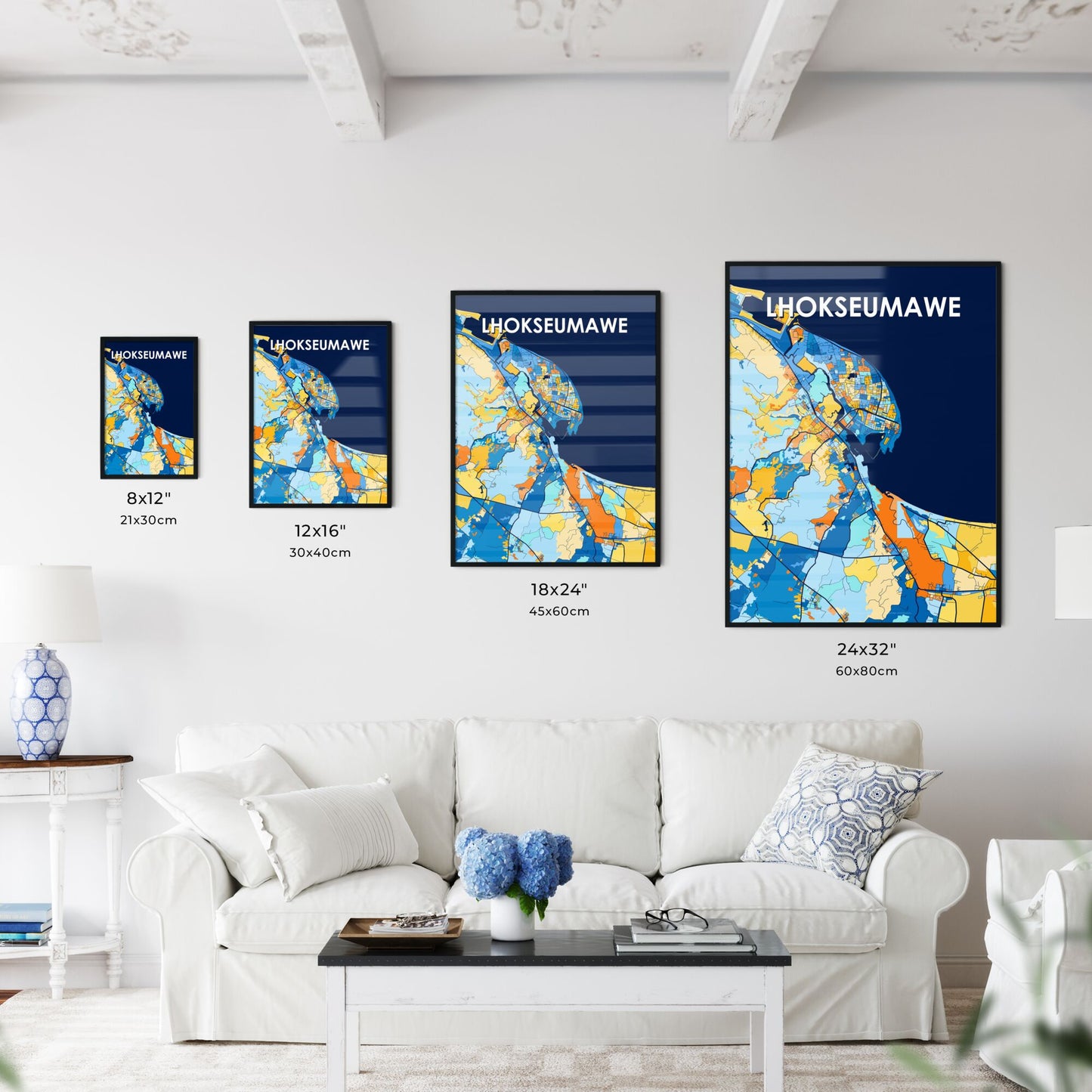 LHOKSEUMAWE INDONESIA Vibrant Colorful Art Map Poster Blue Orange