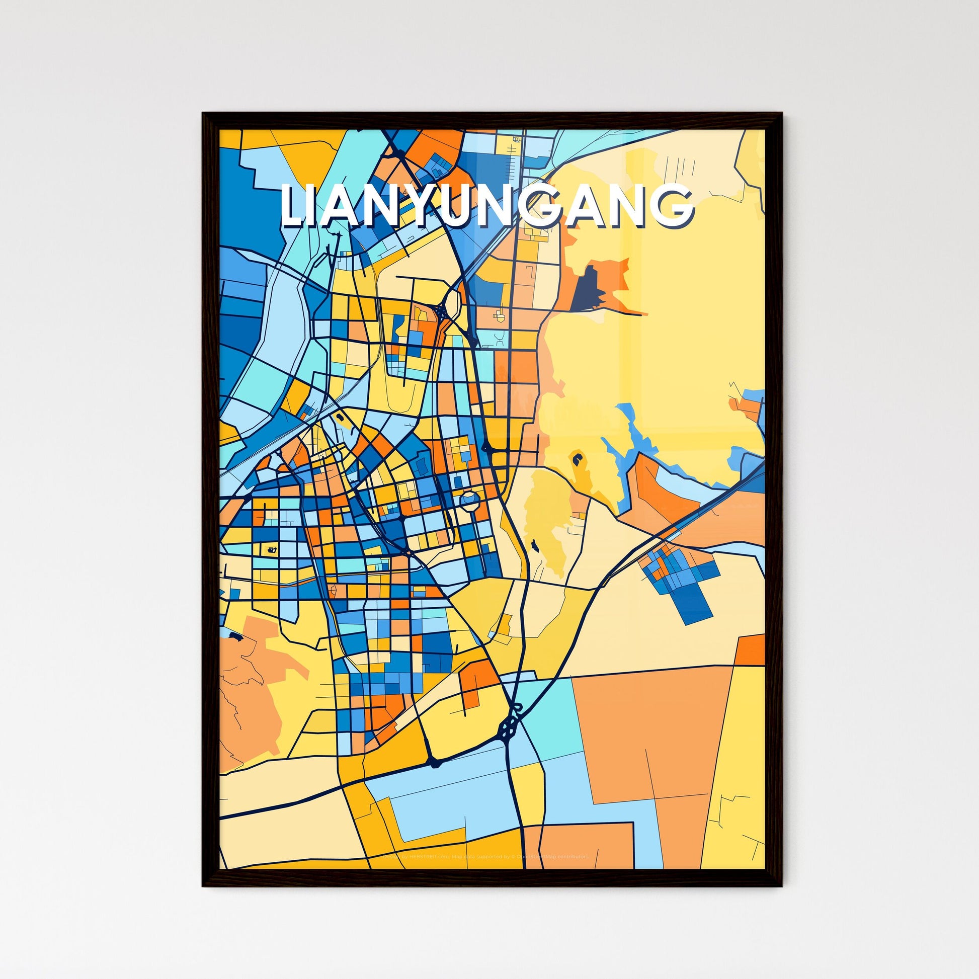 LIANYUNGANG CHINA Vibrant Colorful Art Map Poster Blue Orange