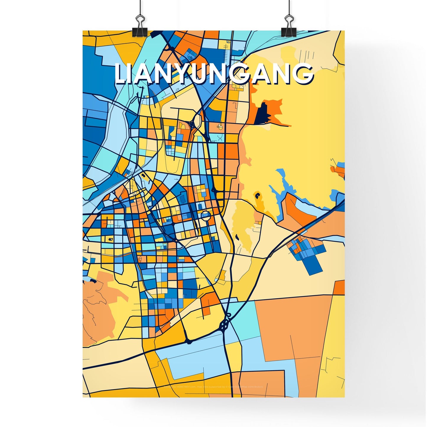 LIANYUNGANG CHINA Vibrant Colorful Art Map Poster Blue Orange