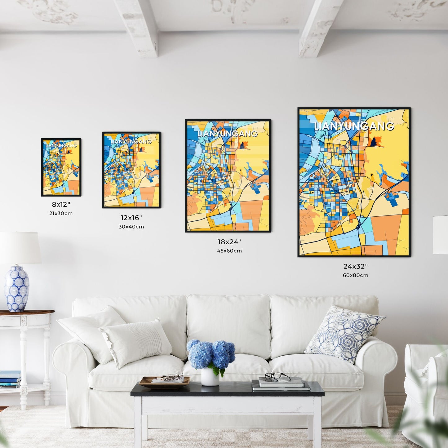 LIANYUNGANG CHINA Vibrant Colorful Art Map Poster Blue Orange