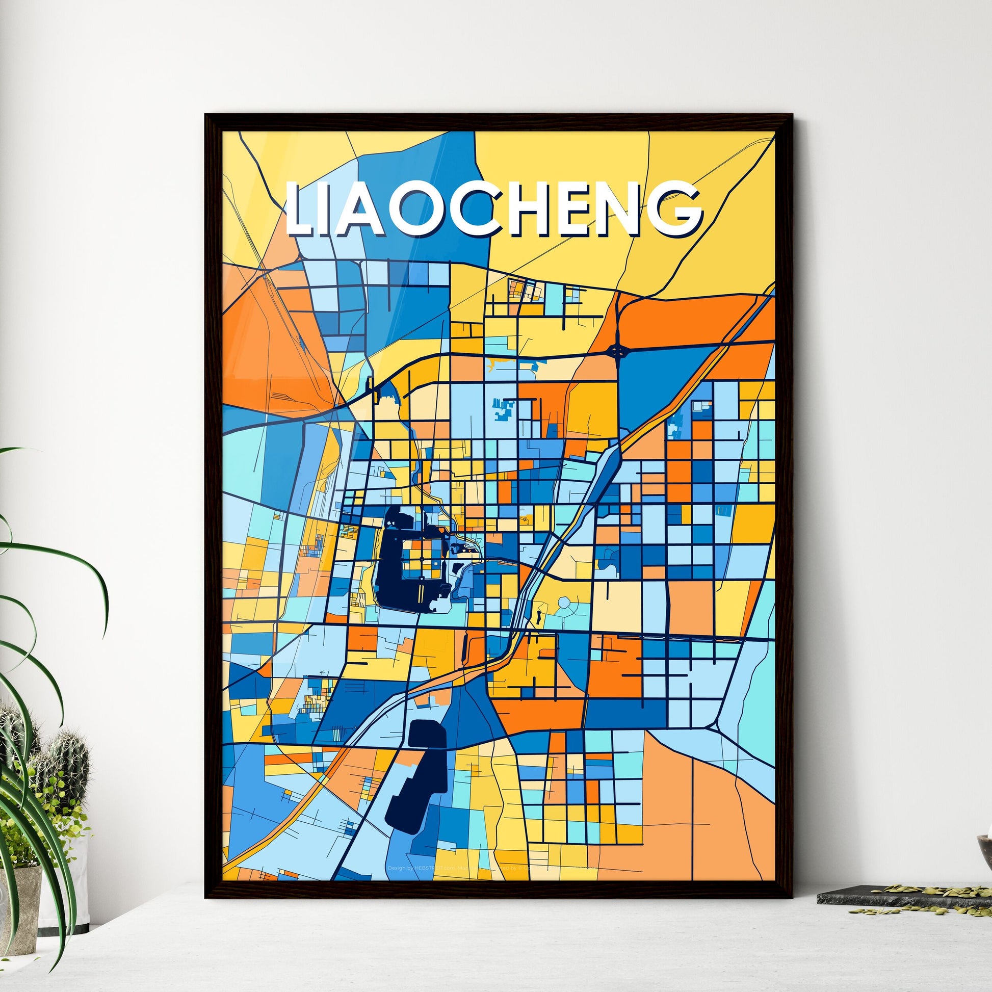 LIAOCHENG CHINA Vibrant Colorful Art Map Poster Blue Orange