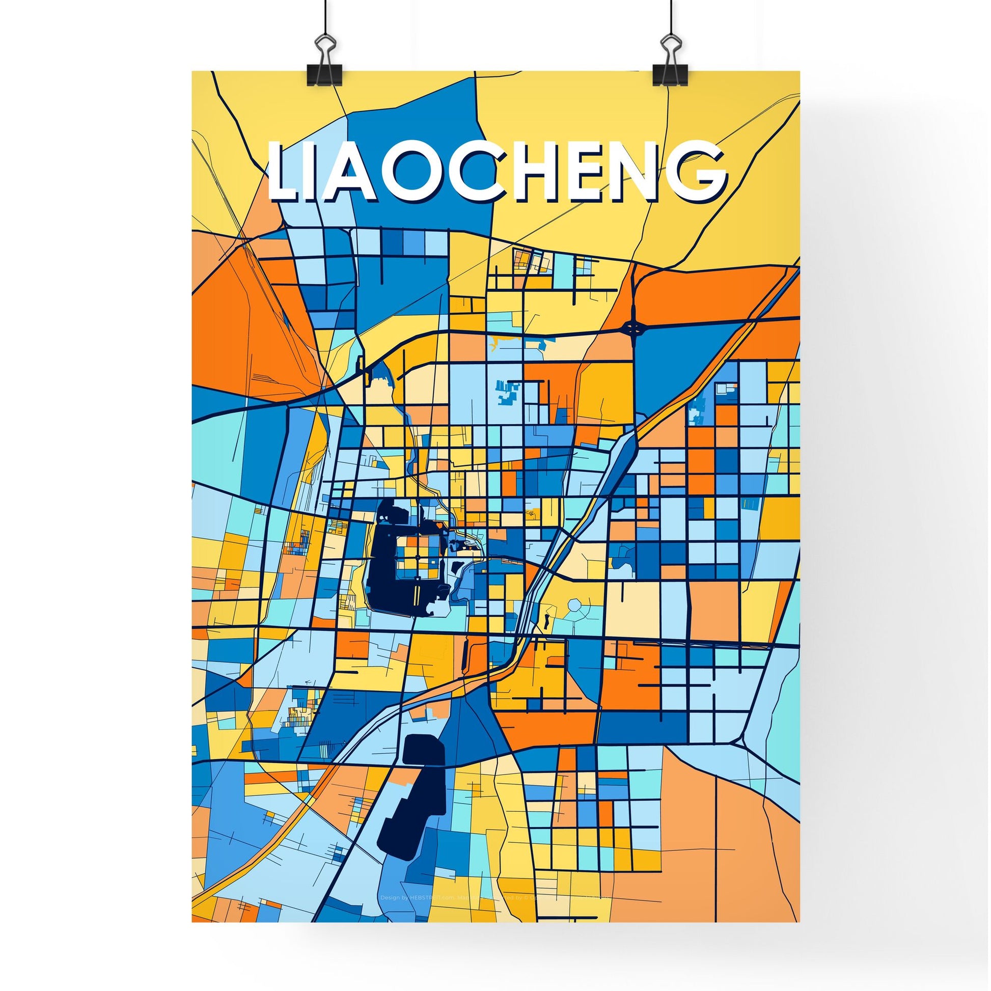 LIAOCHENG CHINA Vibrant Colorful Art Map Poster Blue Orange