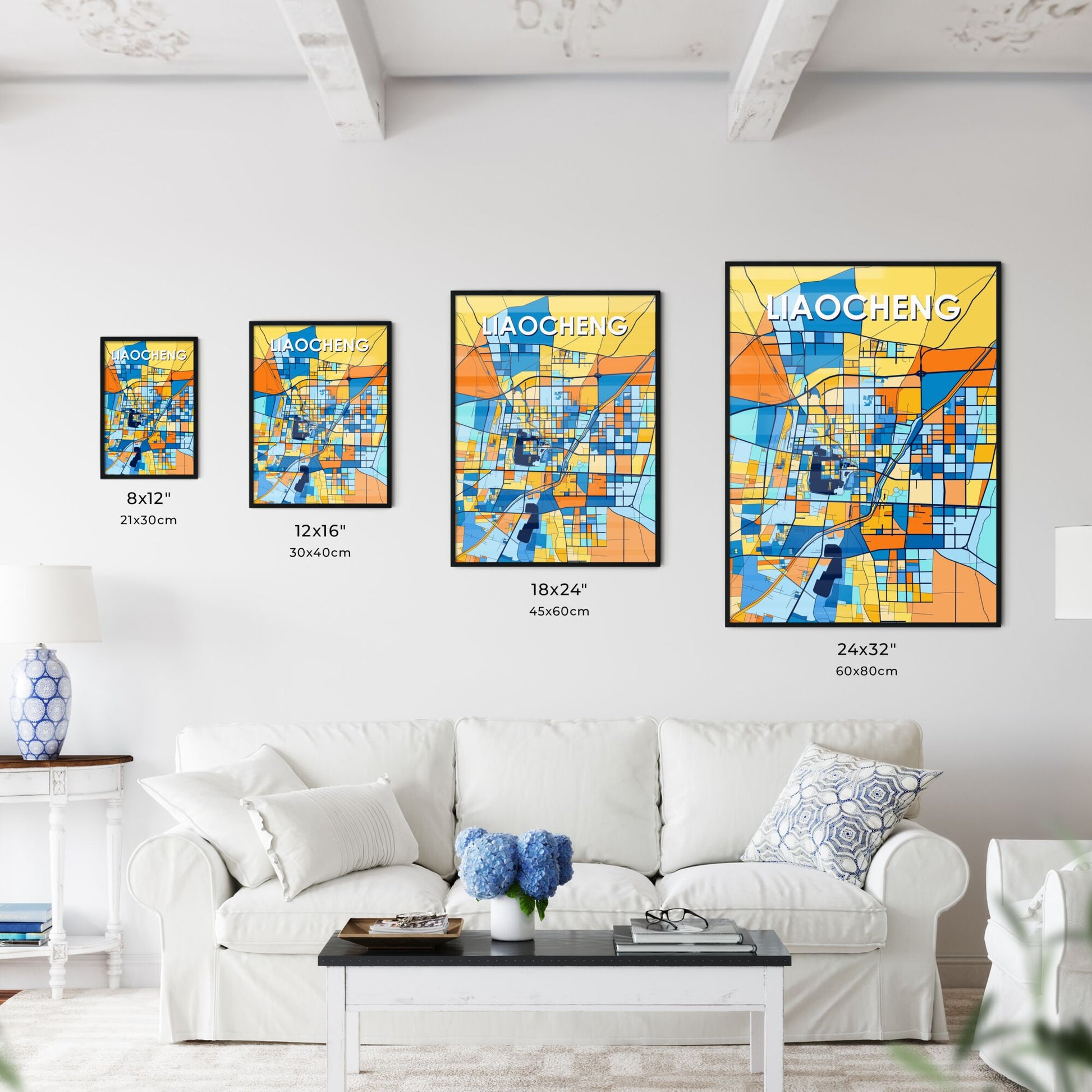 LIAOCHENG CHINA Vibrant Colorful Art Map Poster Blue Orange