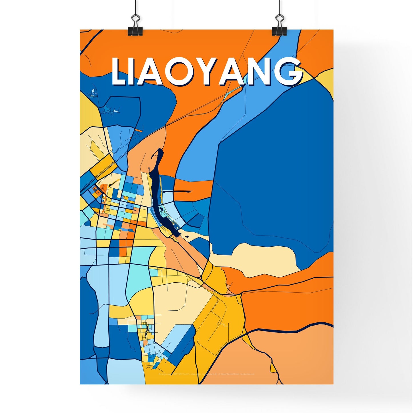 LIAOYANG CHINA Vibrant Colorful Art Map Poster Blue Orange