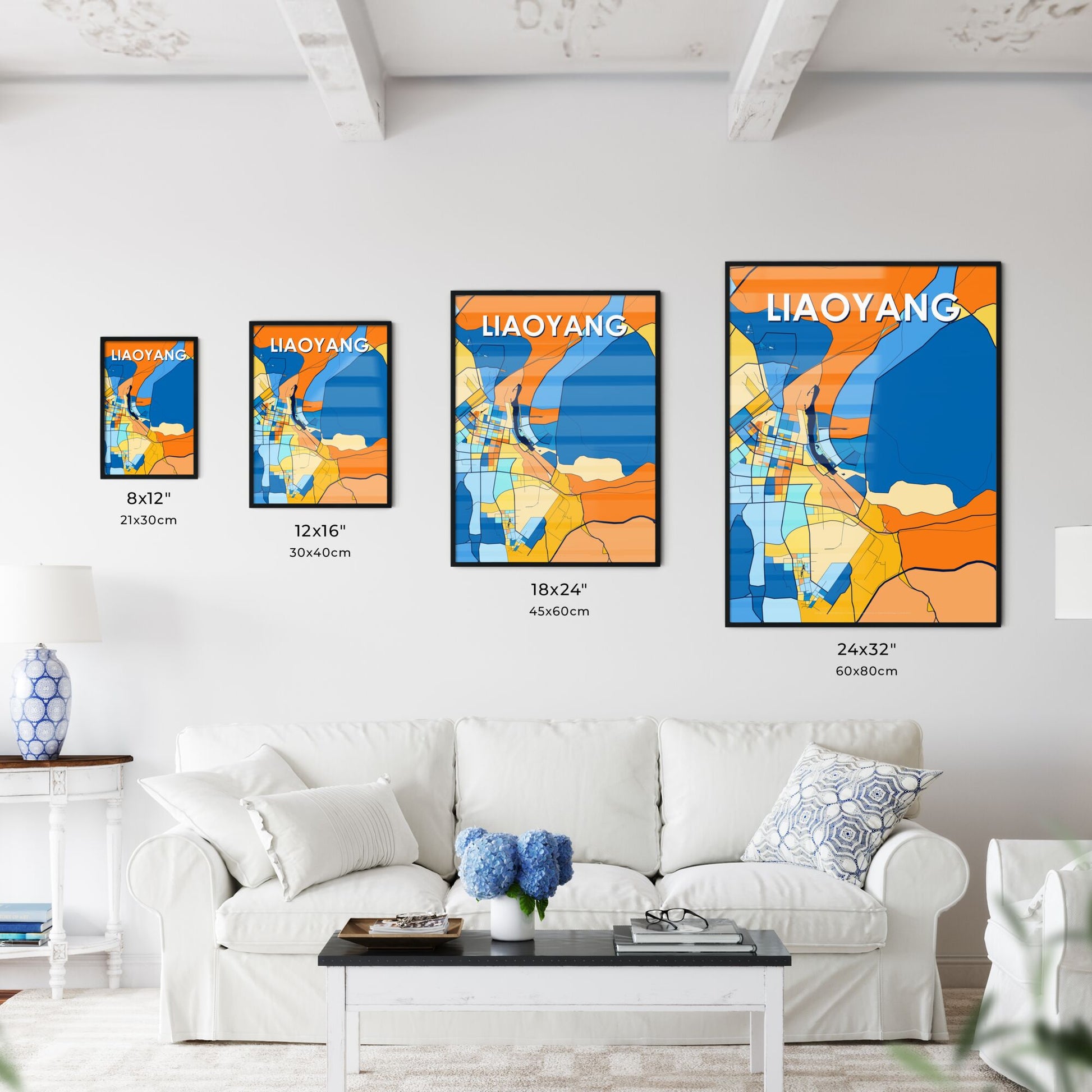 LIAOYANG CHINA Vibrant Colorful Art Map Poster Blue Orange