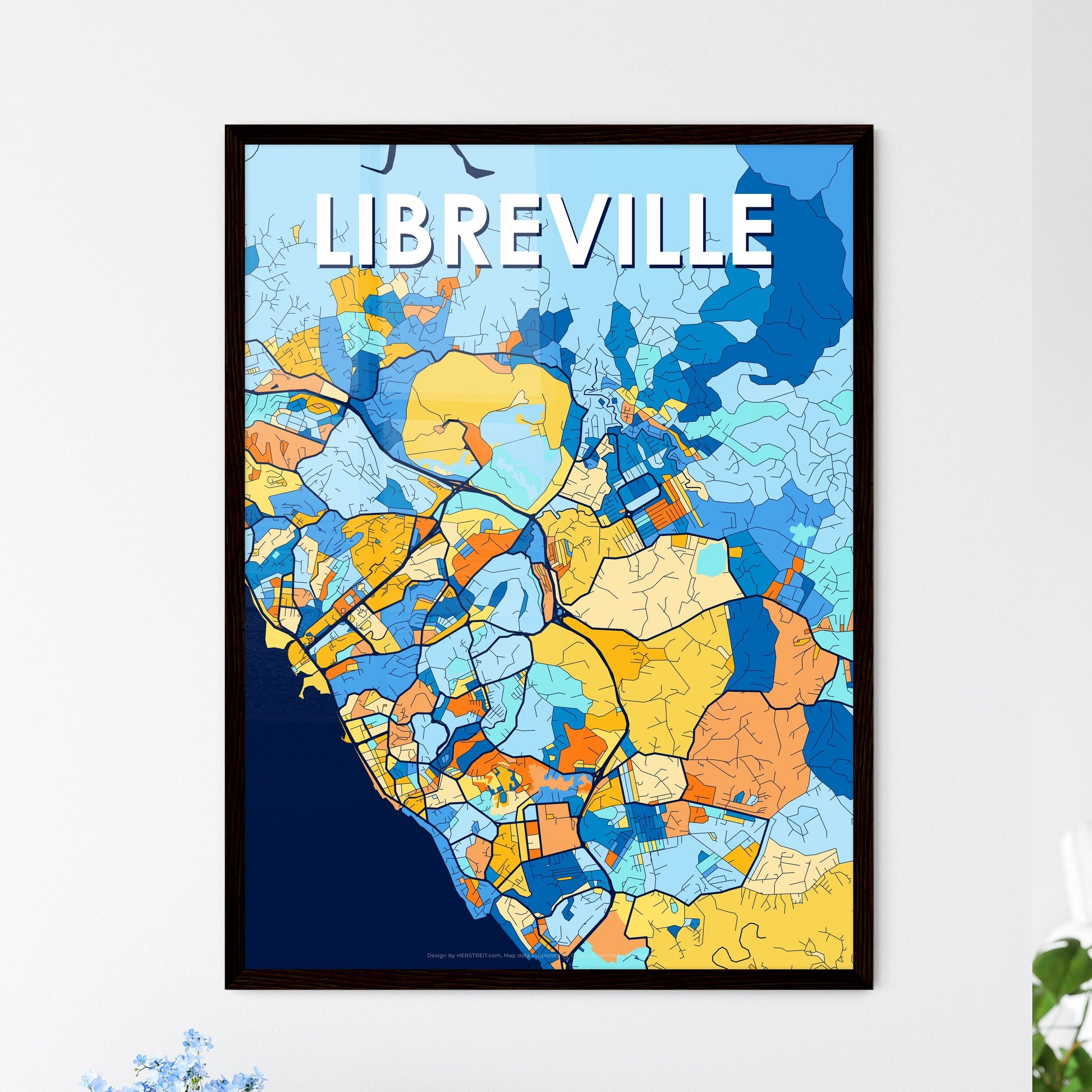 LIBREVILLE GABON Vibrant Colorful Art Map Poster Blue Orange