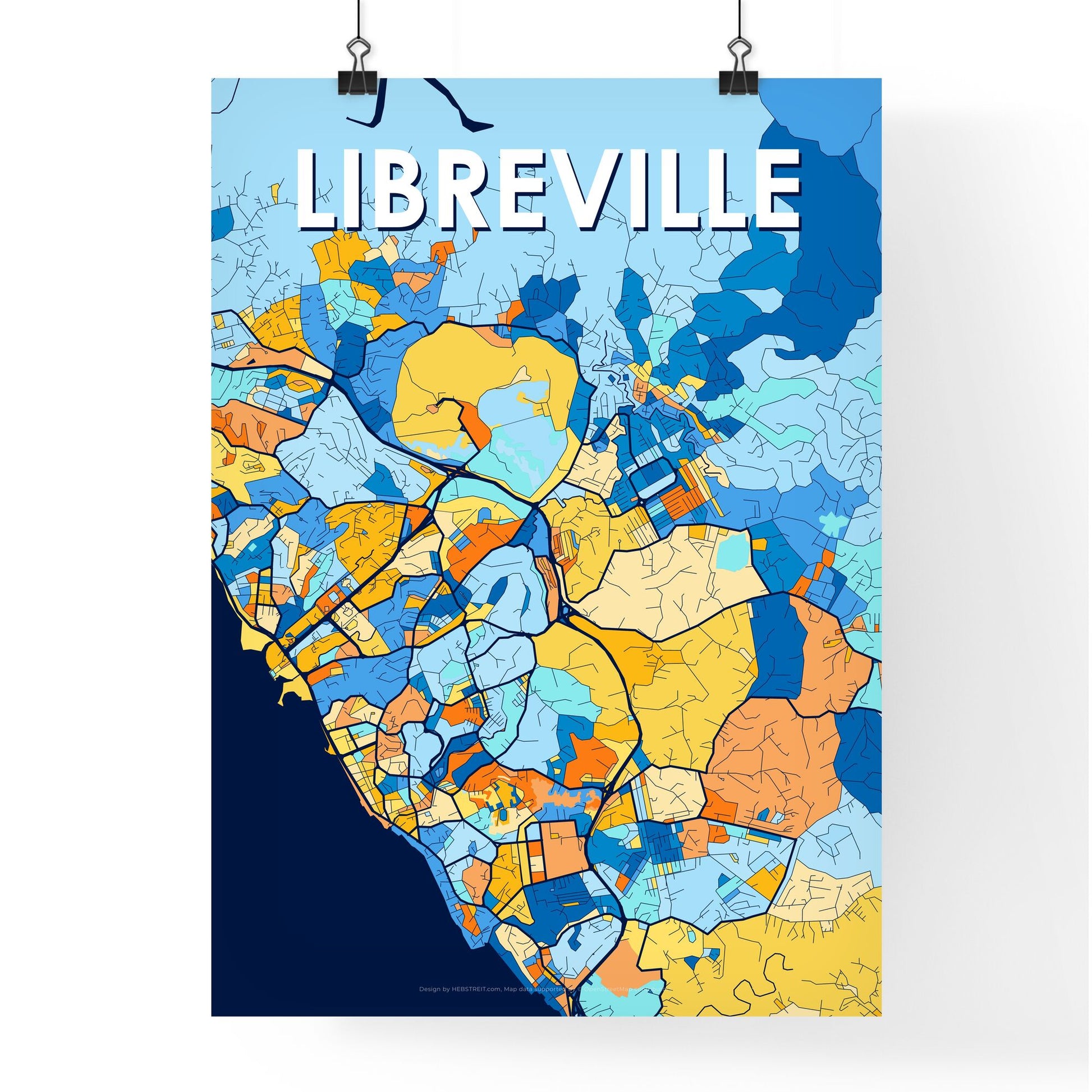 LIBREVILLE GABON Vibrant Colorful Art Map Poster Blue Orange