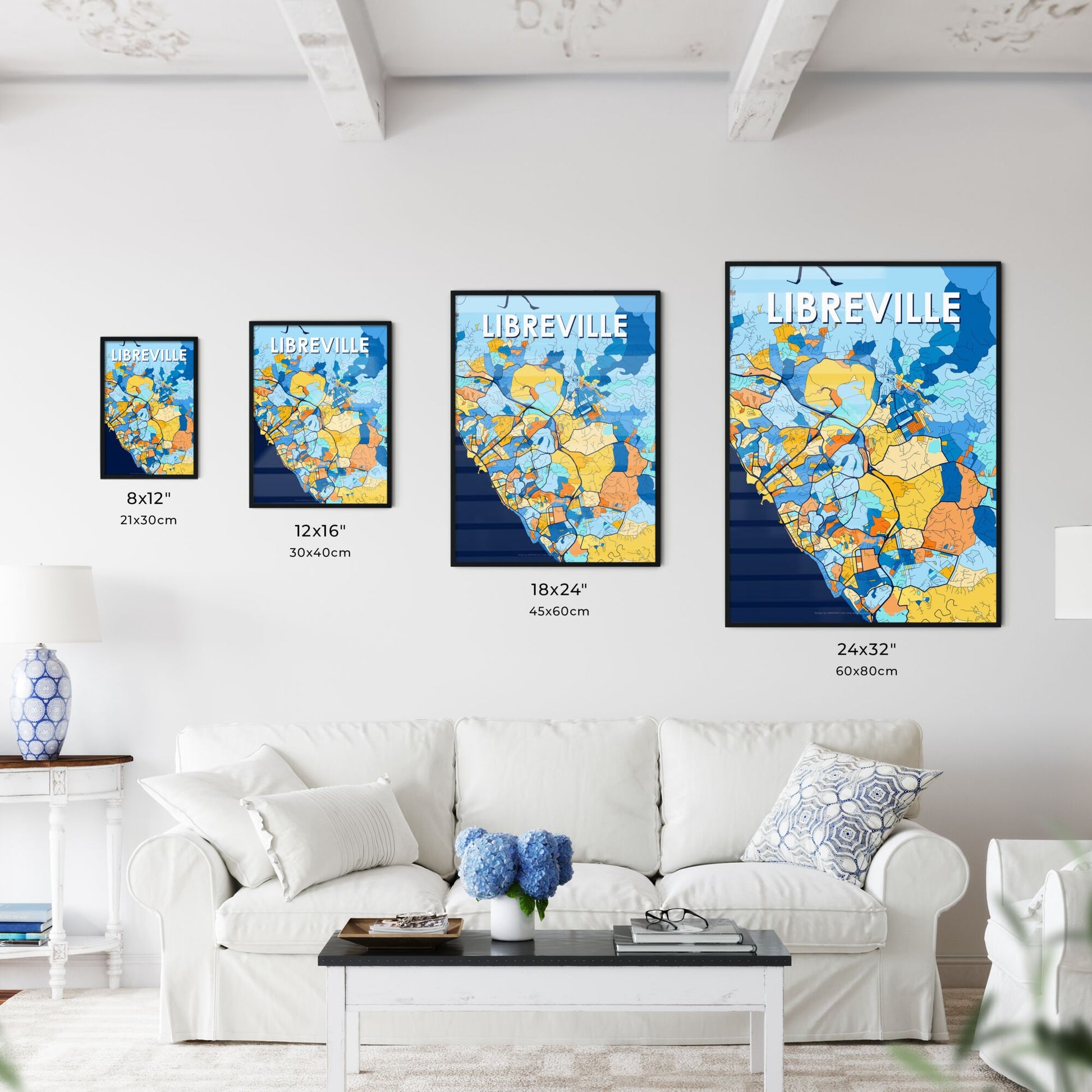 LIBREVILLE GABON Vibrant Colorful Art Map Poster Blue Orange