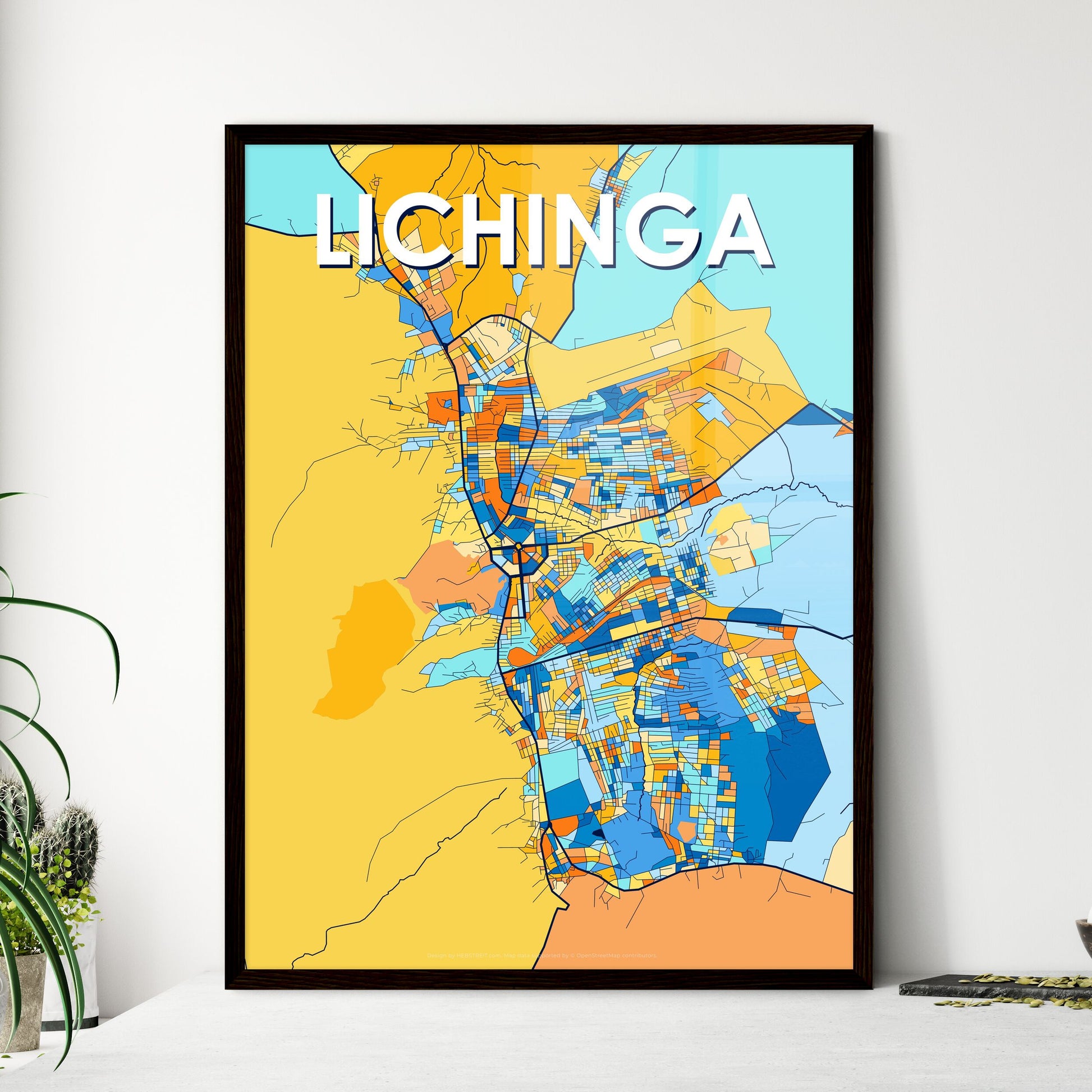 LICHINGA MOZAMBIQUE Vibrant Colorful Art Map Poster Blue Orange