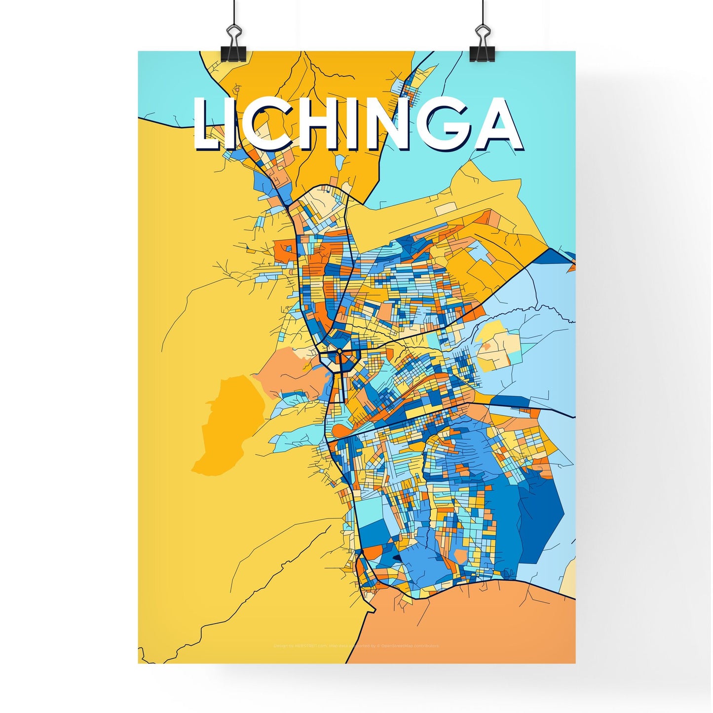 LICHINGA MOZAMBIQUE Vibrant Colorful Art Map Poster Blue Orange