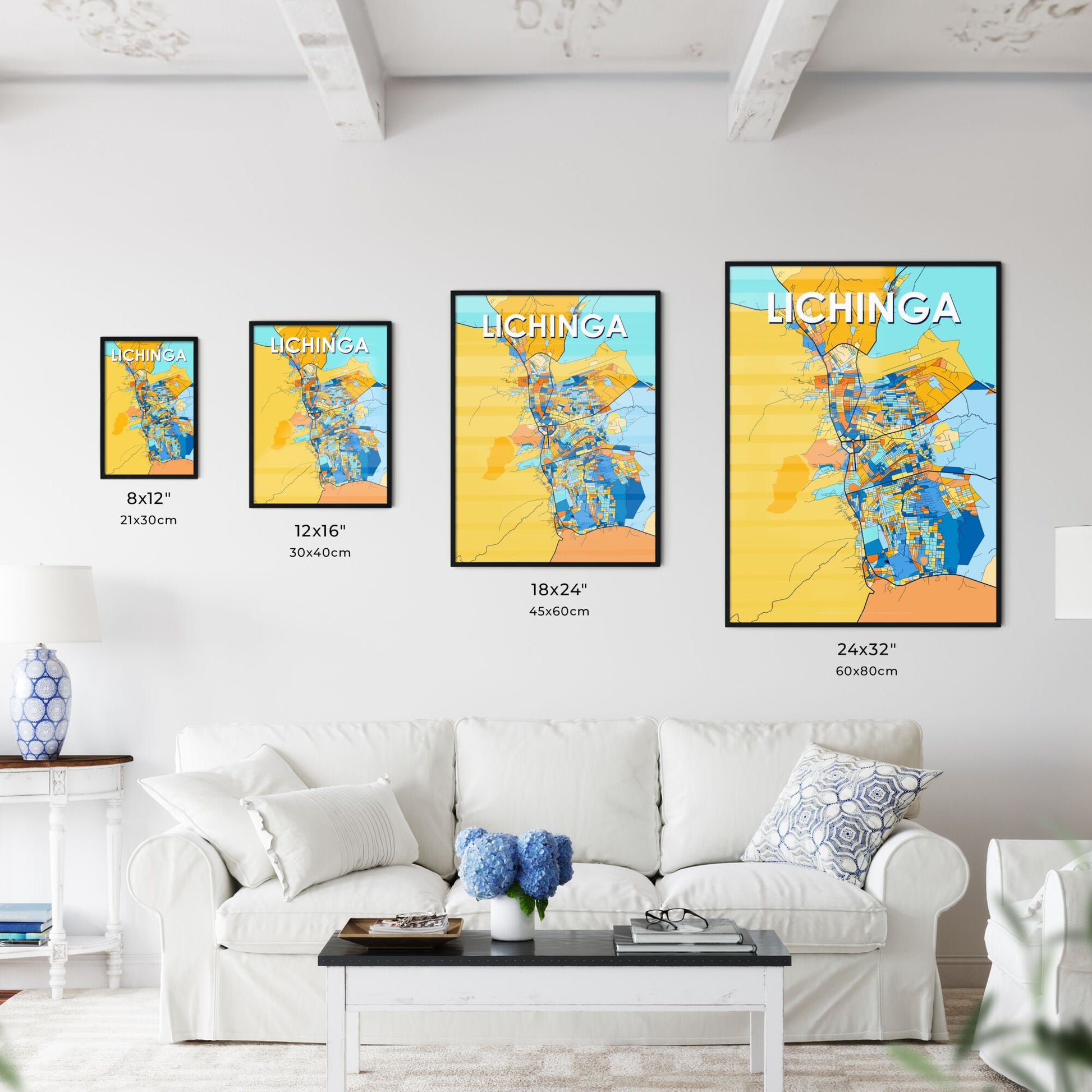 LICHINGA MOZAMBIQUE Vibrant Colorful Art Map Poster Blue Orange