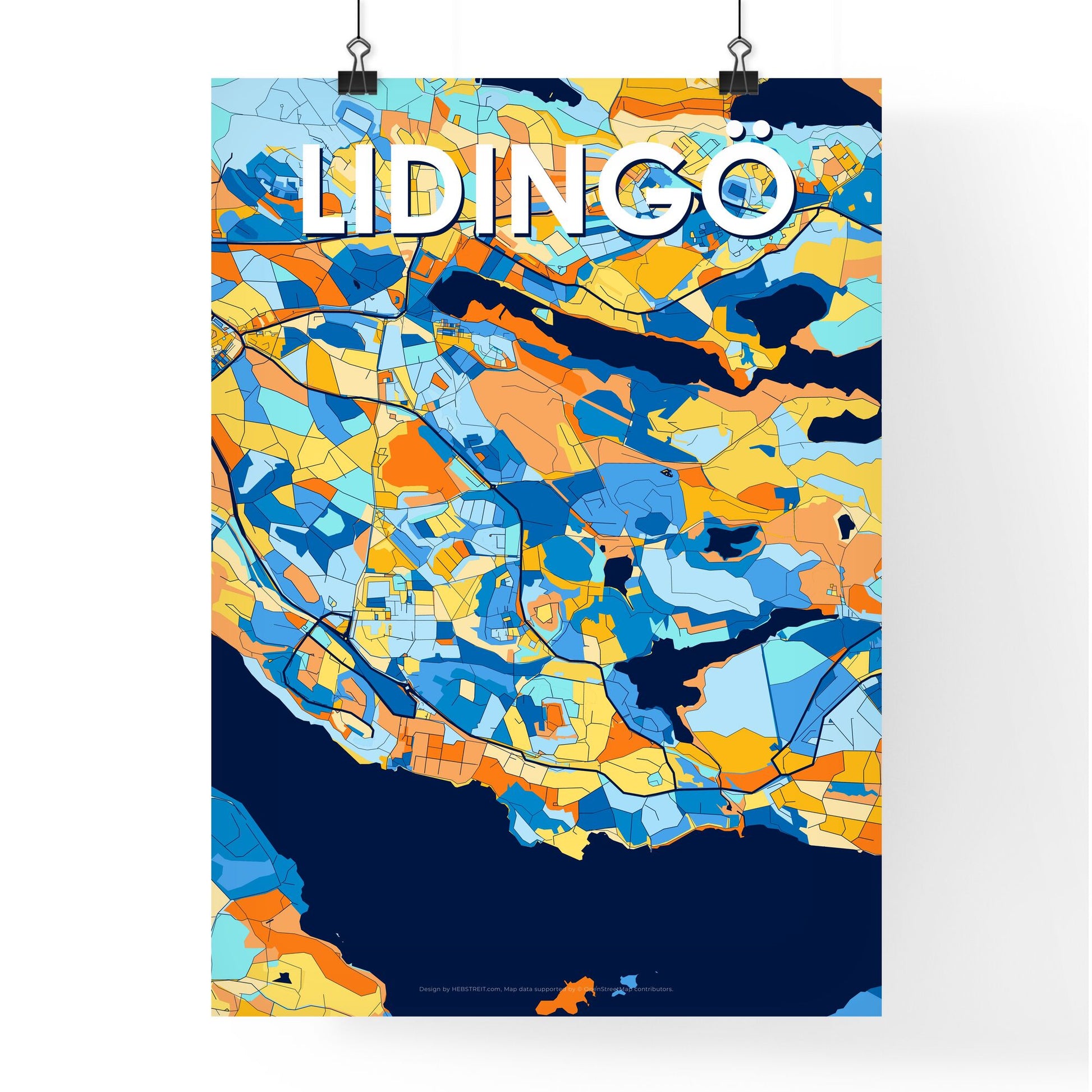 LIDINGÖ SWEDEN Vibrant Colorful Art Map Poster Blue Orange