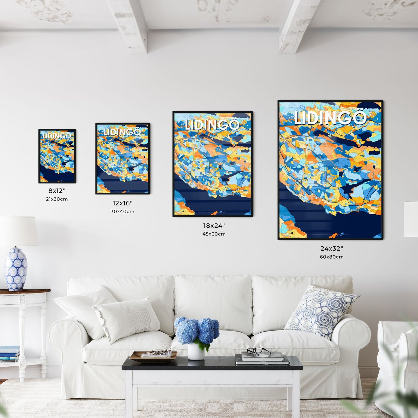 LIDINGÖ SWEDEN Vibrant Colorful Art Map Poster Blue Orange