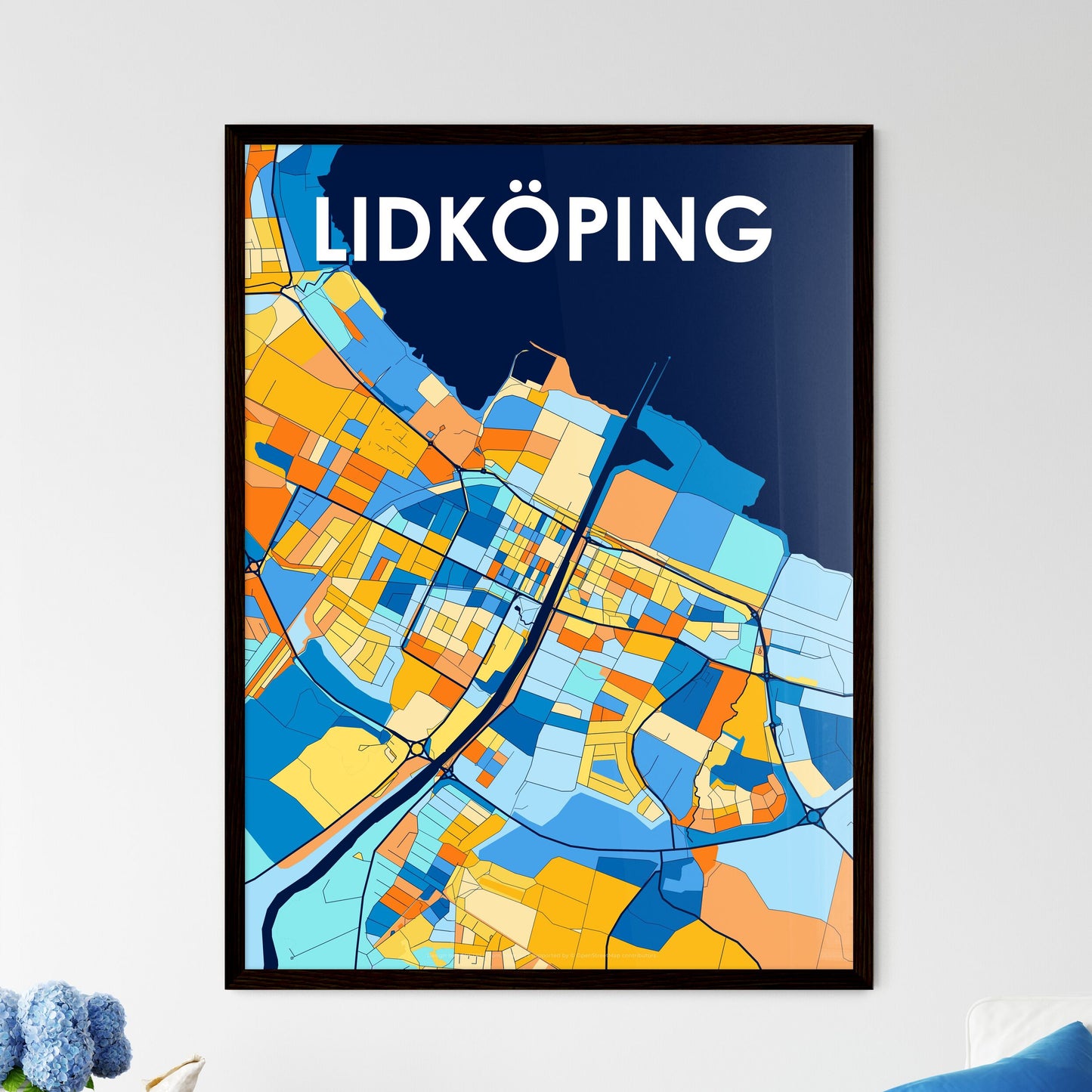 LIDKÖPING SWEDEN Vibrant Colorful Art Map Poster Blue Orange