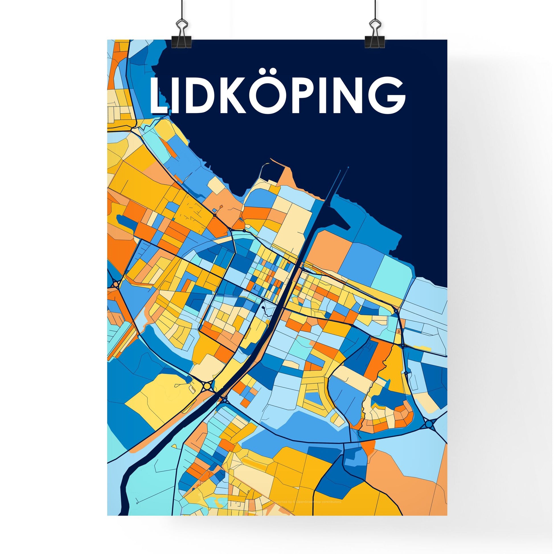 LIDKÖPING SWEDEN Vibrant Colorful Art Map Poster Blue Orange