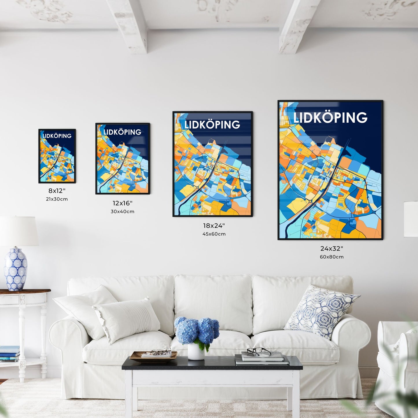 LIDKÖPING SWEDEN Vibrant Colorful Art Map Poster Blue Orange