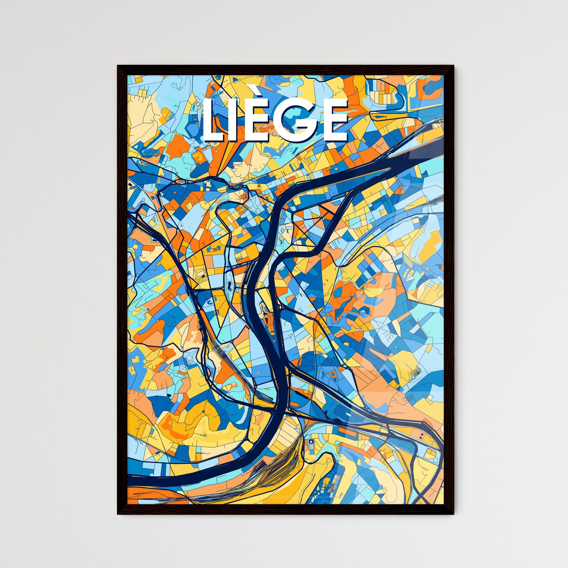 LIÈGE BELGIUM Vibrant Colorful Art Map Poster Blue Orange