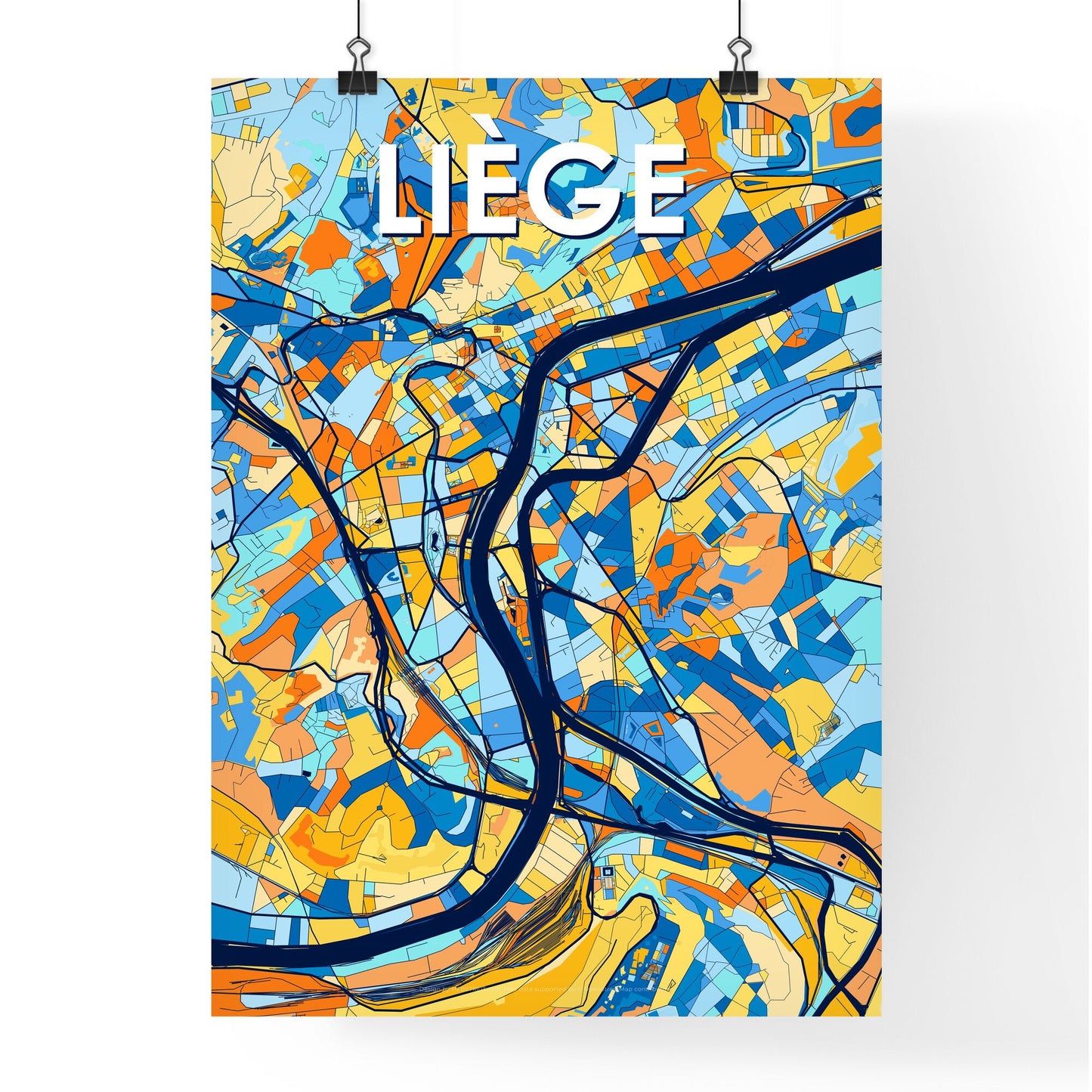 LIÈGE BELGIUM Vibrant Colorful Art Map Poster Blue Orange