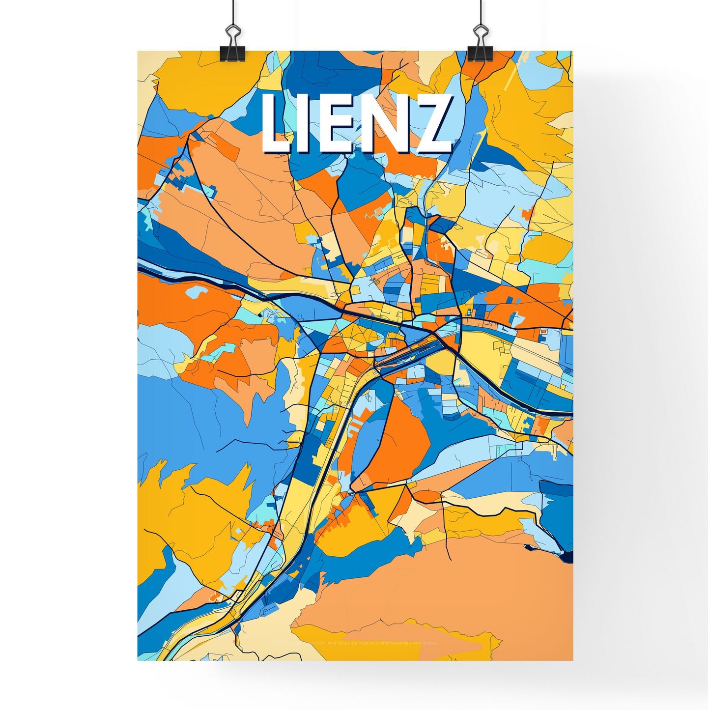 LIENZ AUSTRIA Vibrant Colorful Art Map Poster Blue Orange