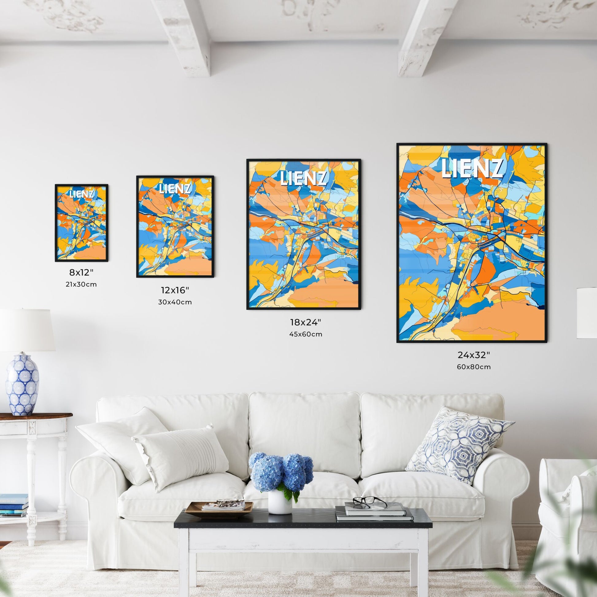 LIENZ AUSTRIA Vibrant Colorful Art Map Poster Blue Orange