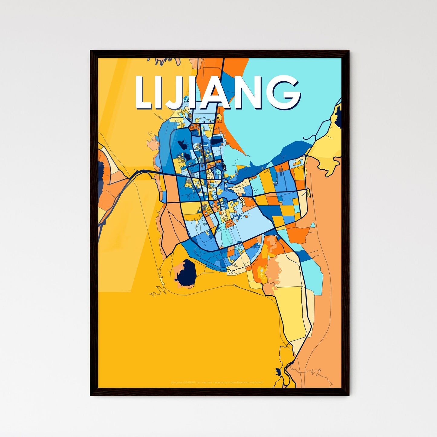 LIJIANG CHINA Vibrant Colorful Art Map Poster Blue Orange